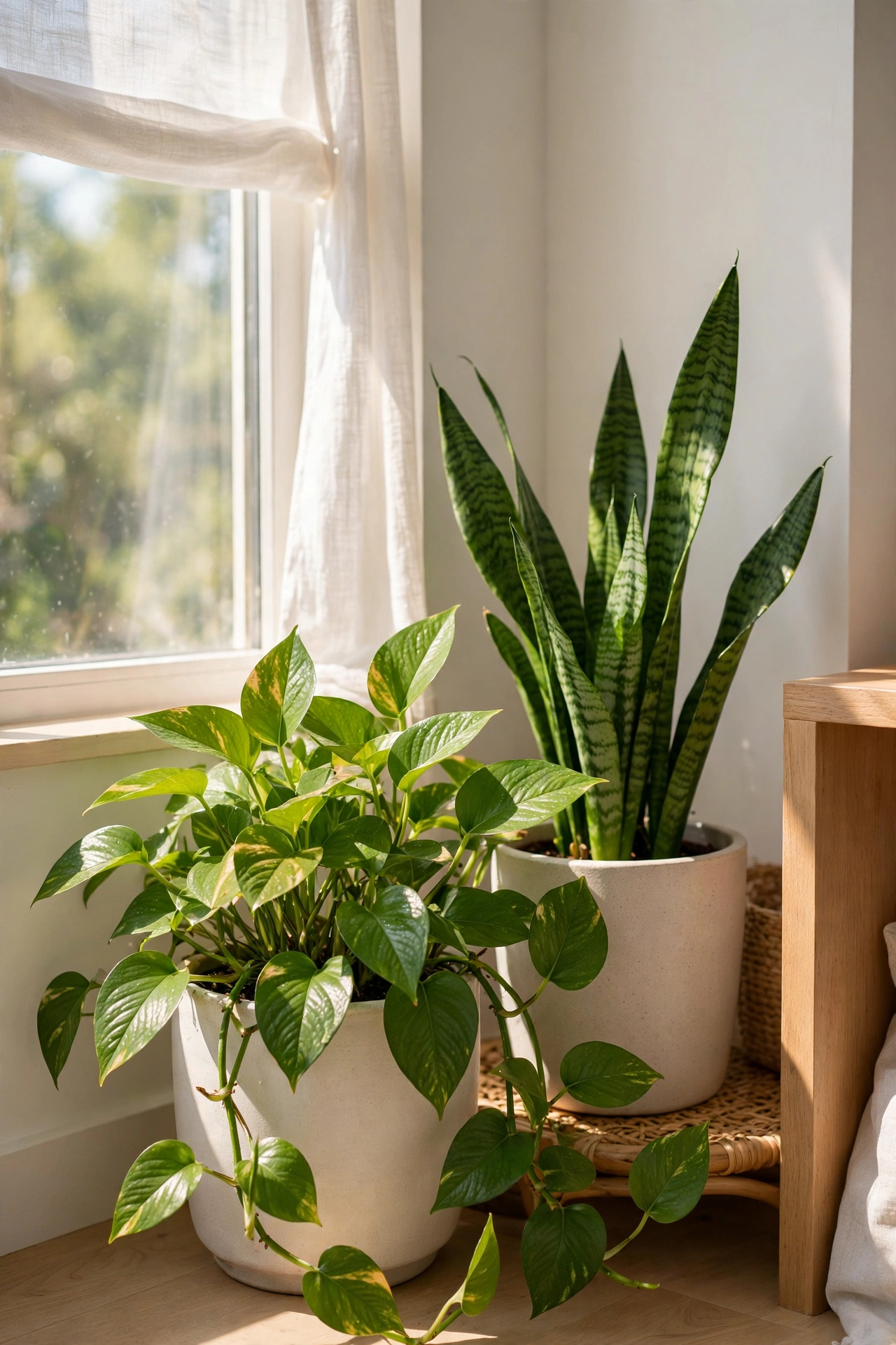 Real pothos and snake plants in ceramic pots in bright living room
