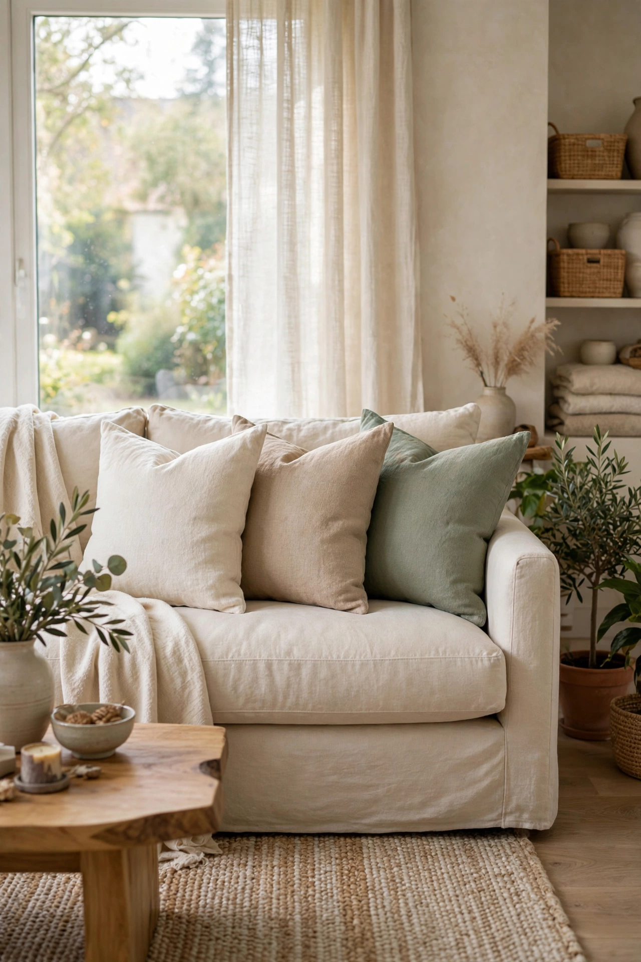 Linen look pillow covers in neutral tones on living room sofa