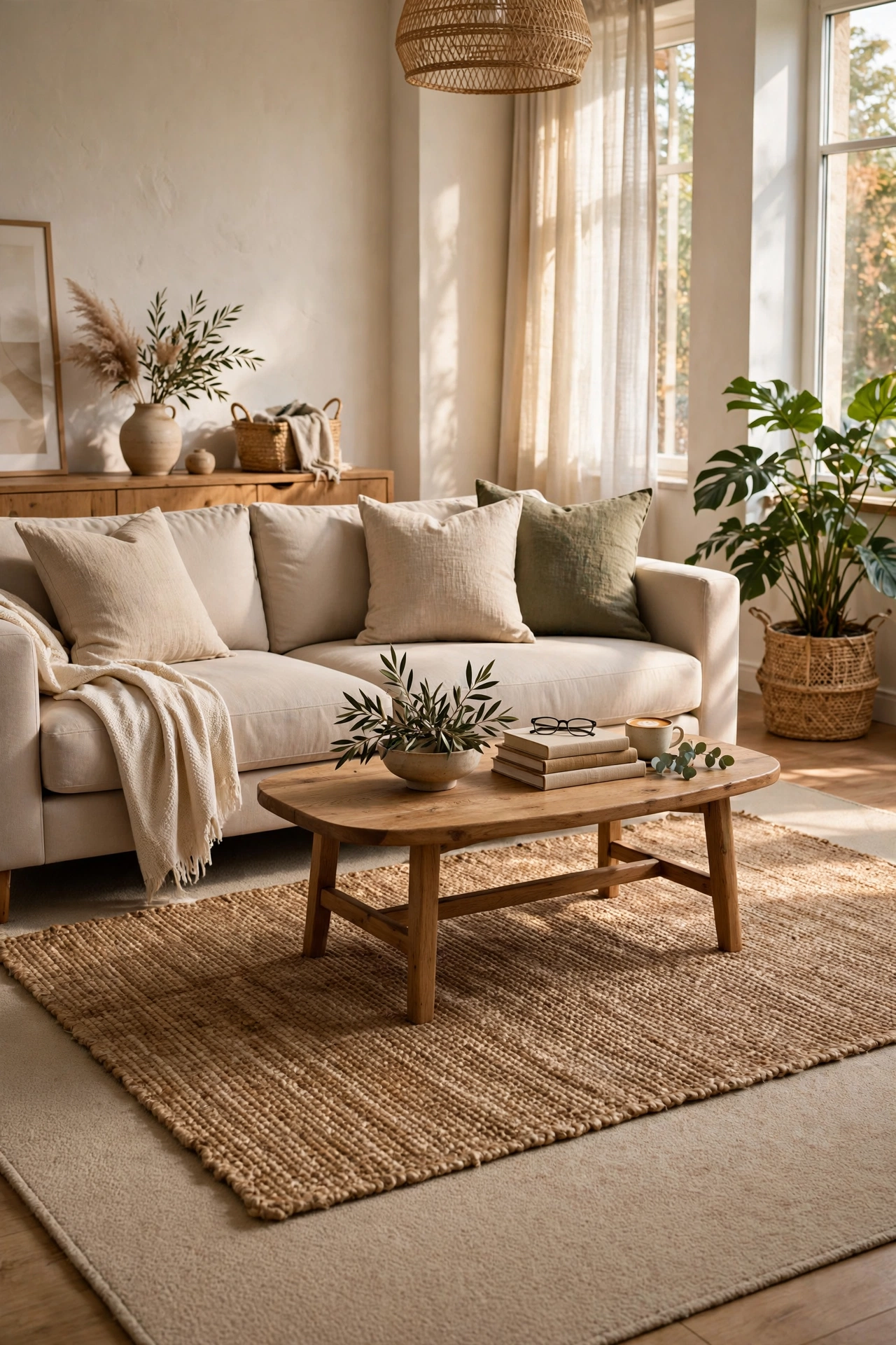 Natural jute rug layered over beige carpet in living room