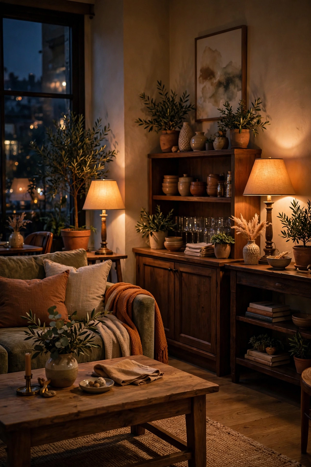 Living room lamps dimmed to warm glow in the evening