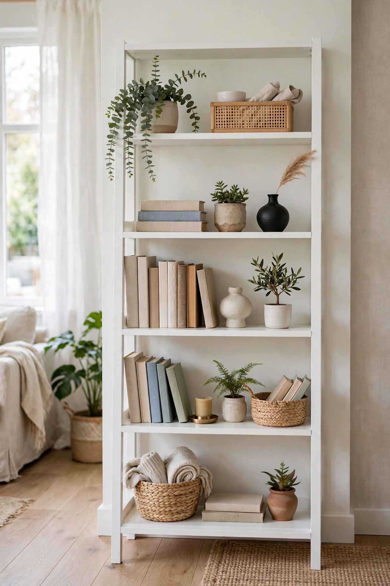 Styled bookshelf with books decor and breathing room in living room