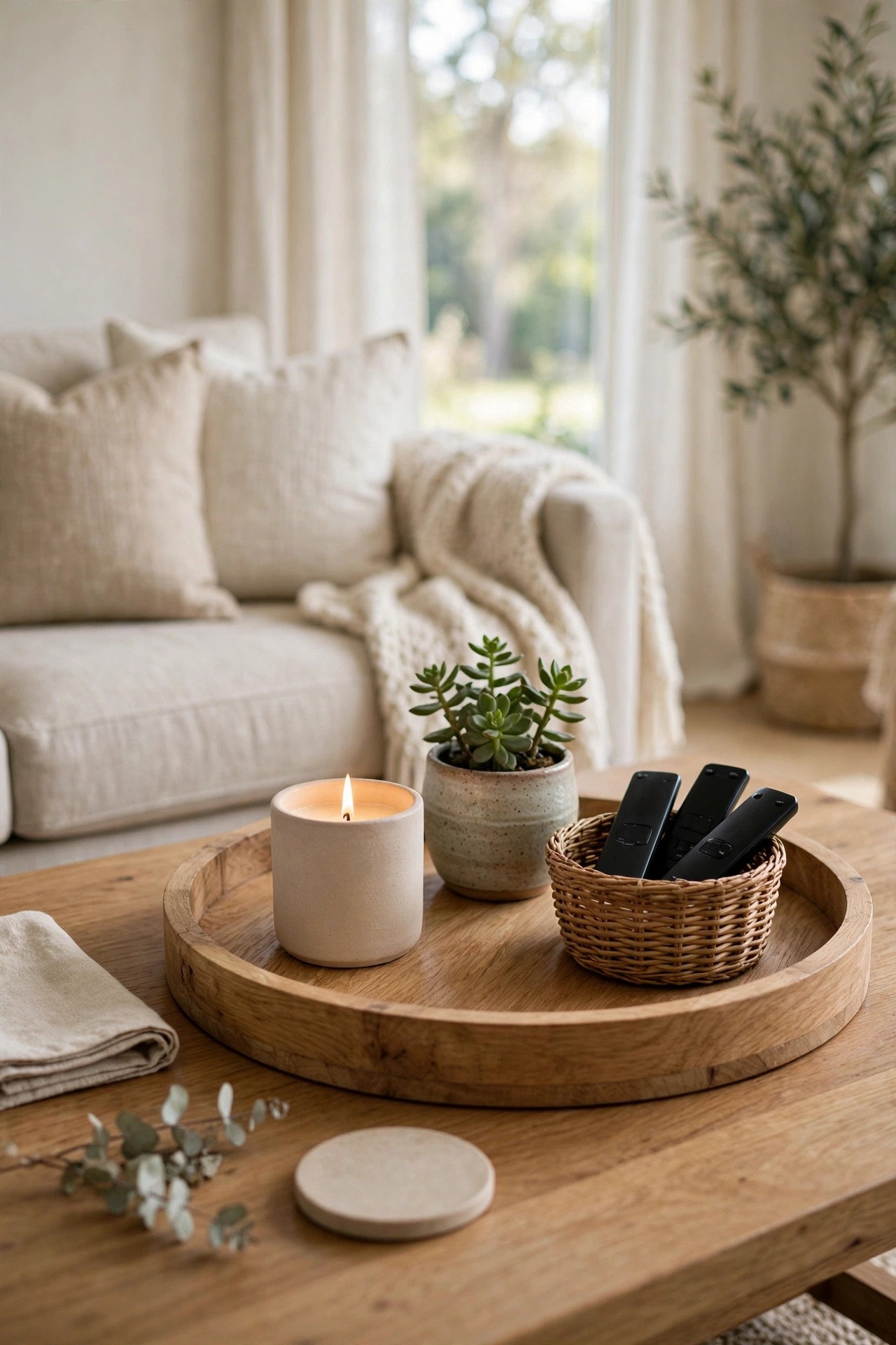 Large wood tray corralling remotes and candle on coffee table