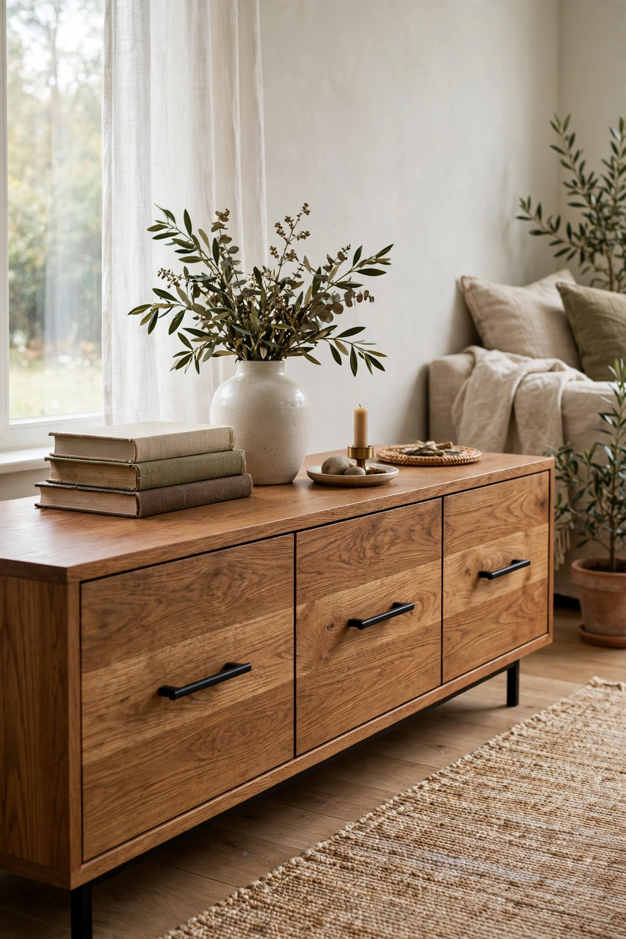 Media console with new matte black cabinet pulls in living room