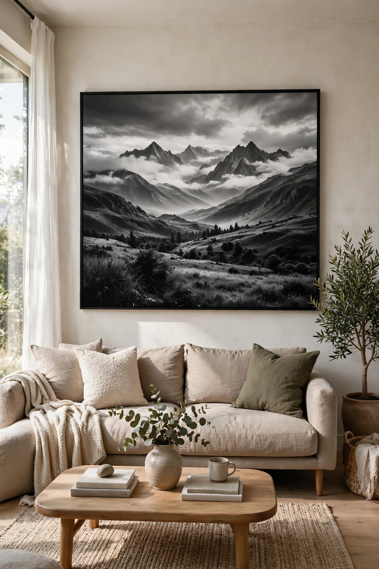 One large black and white art print in black frame above living room sofa