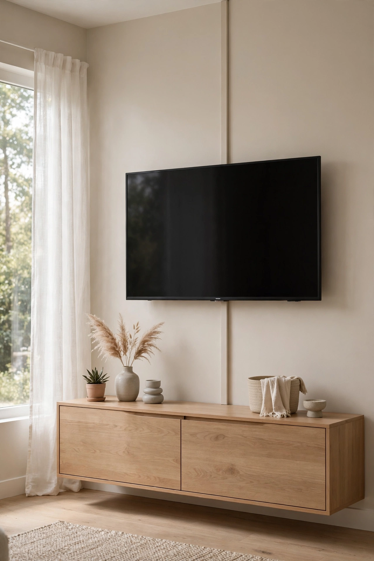 TV wall with hidden cords in paintable cord cover in tidy living room