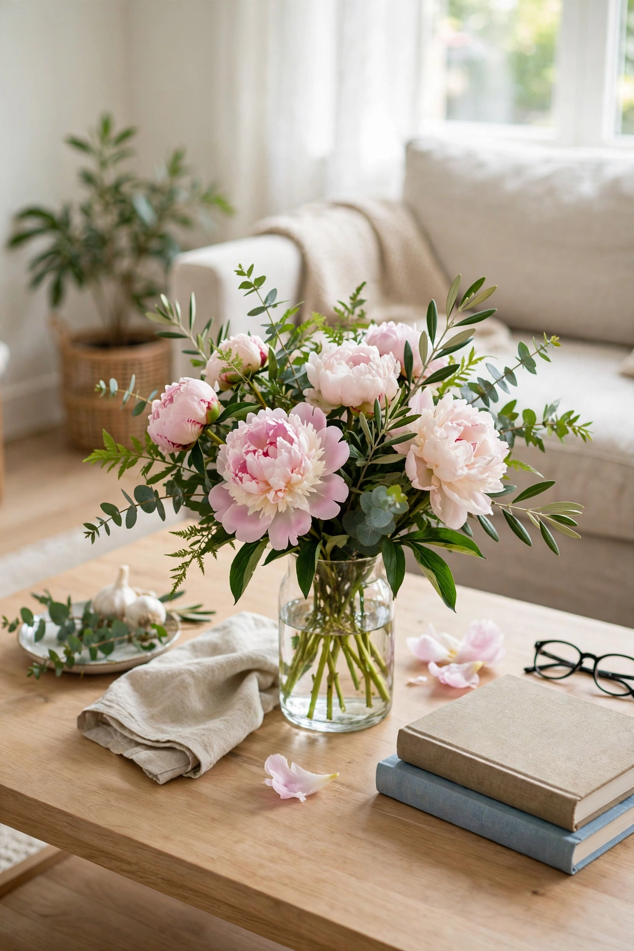 Fresh grocery store flowers in vase on living room coffee table