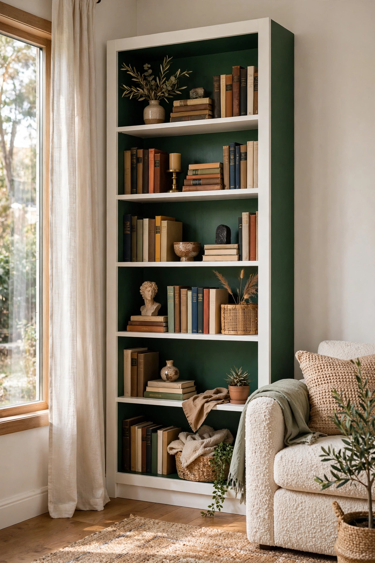 Bookshelf interior back panels painted deep green in living room