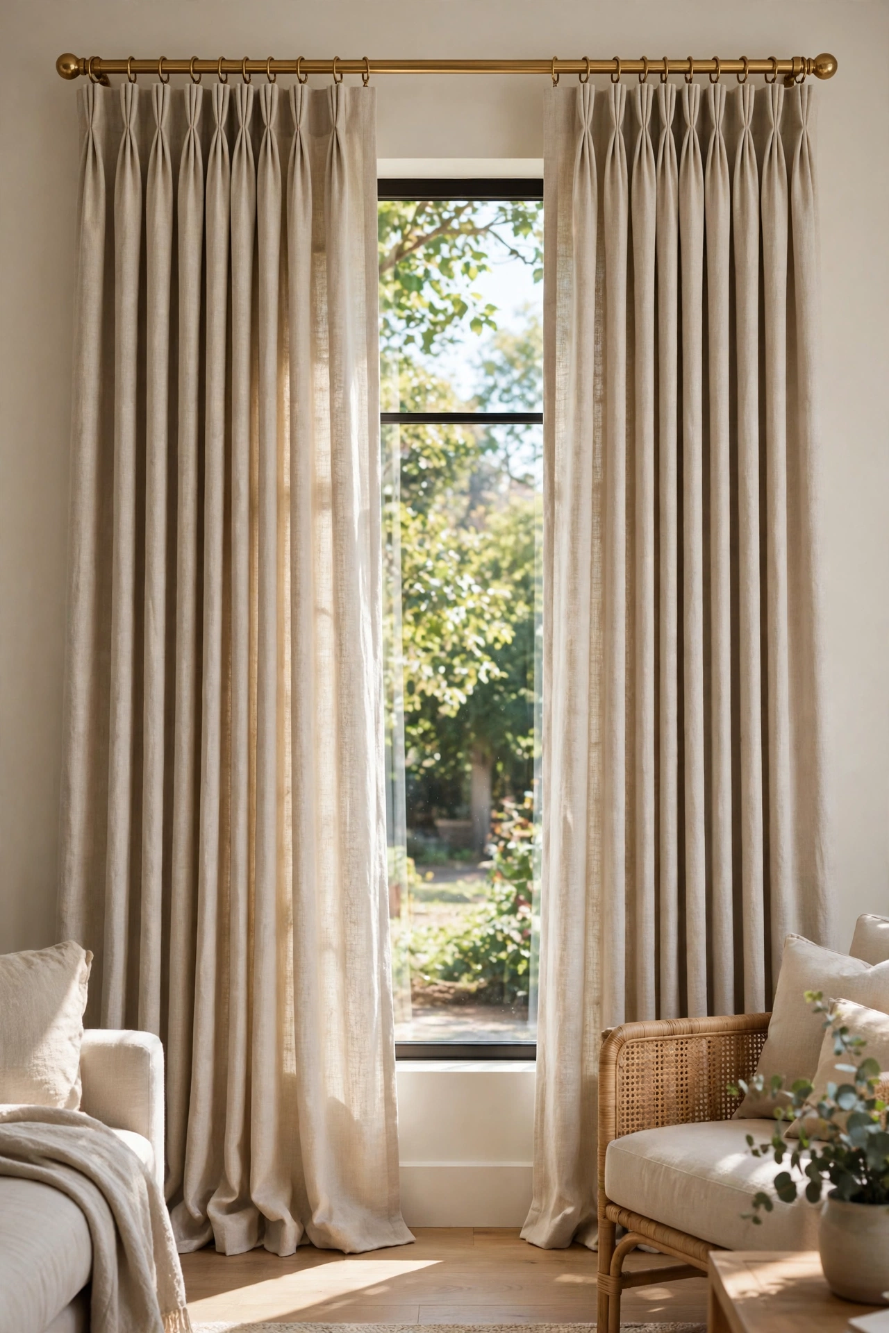 Pinch pleat linen drapery panels hanging in perfect folds in living room