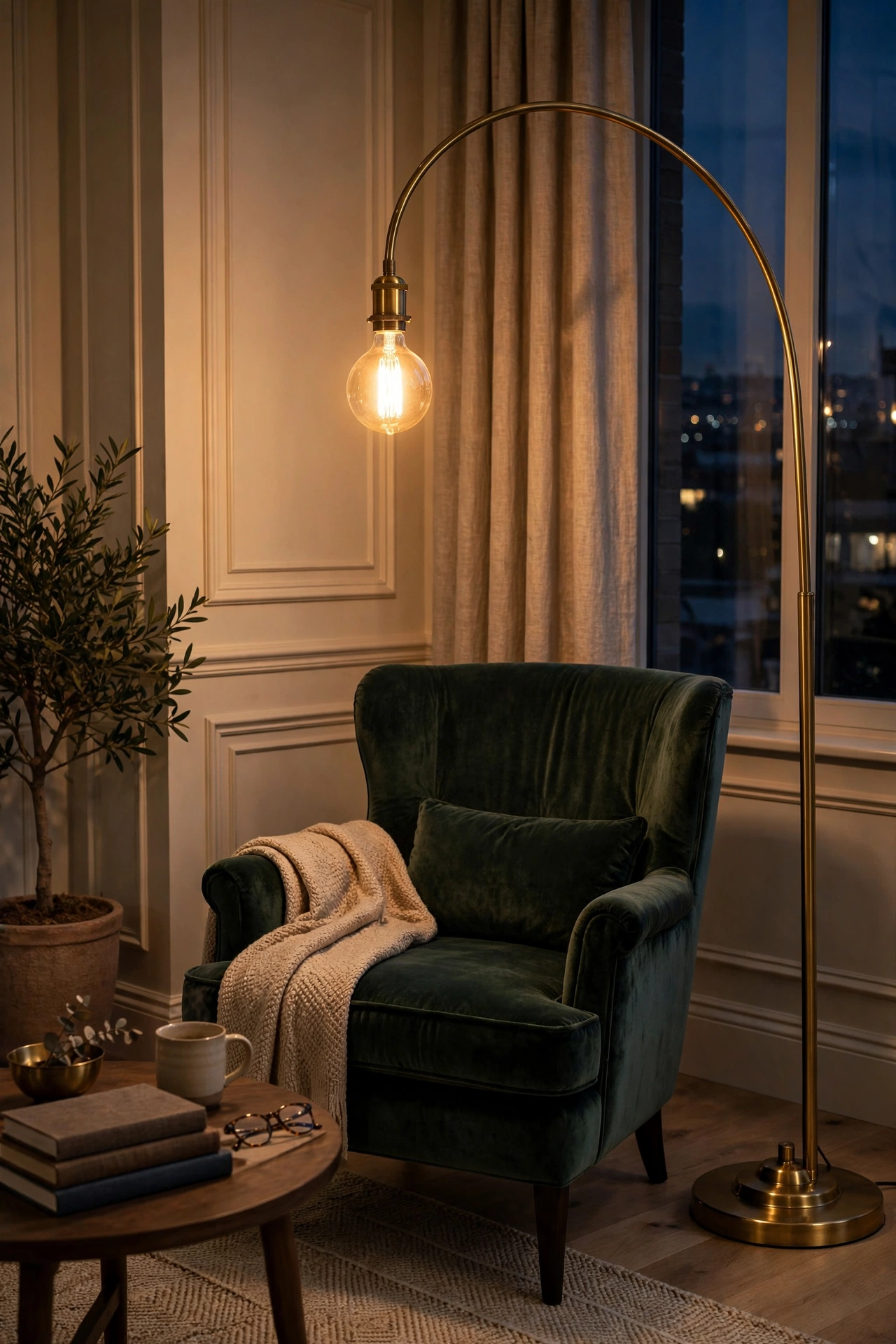 Brass arc floor lamp over reading chair in sophisticated living room