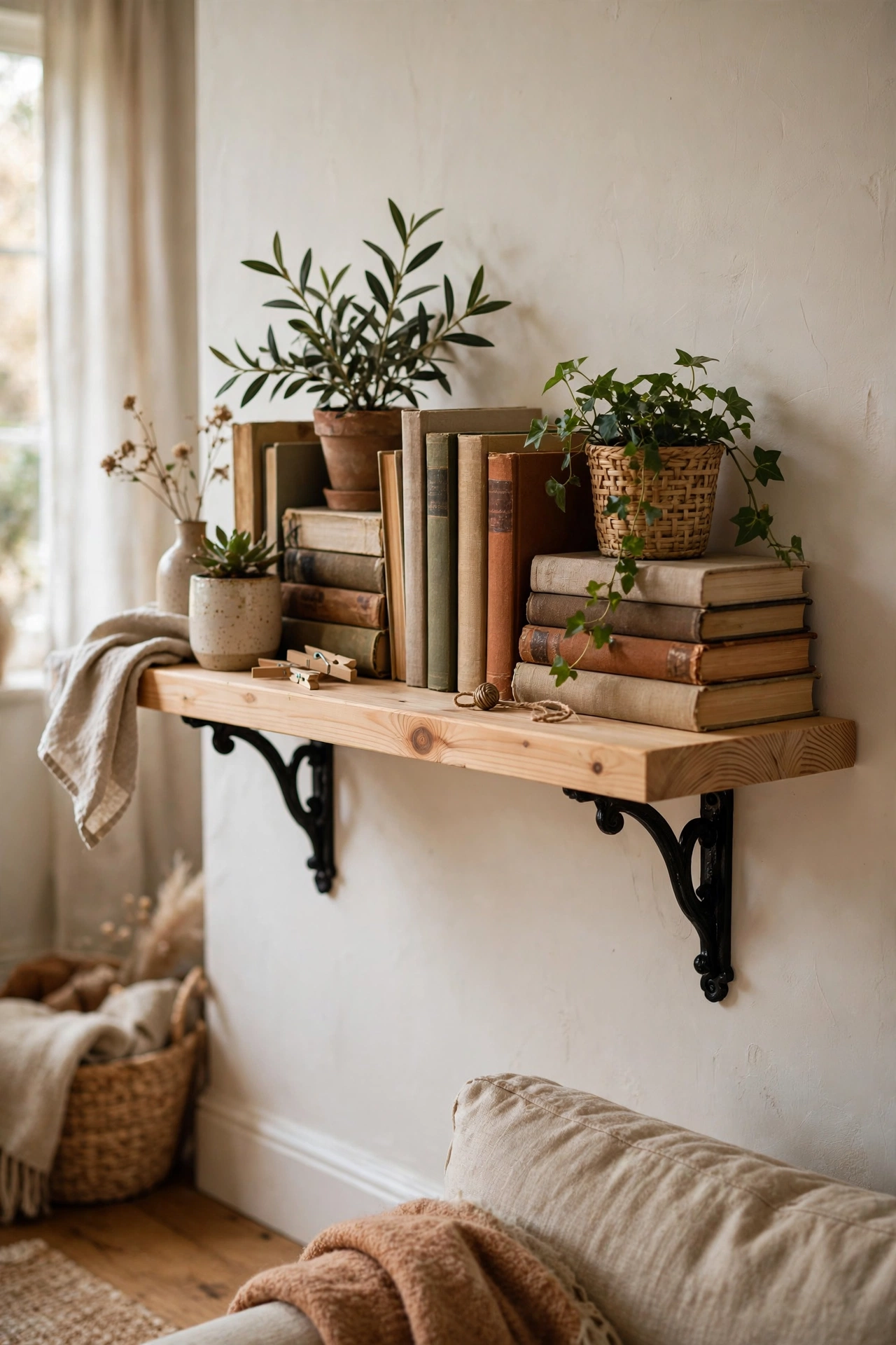 Pine board on decorative brackets as classic wall shelves in a living room