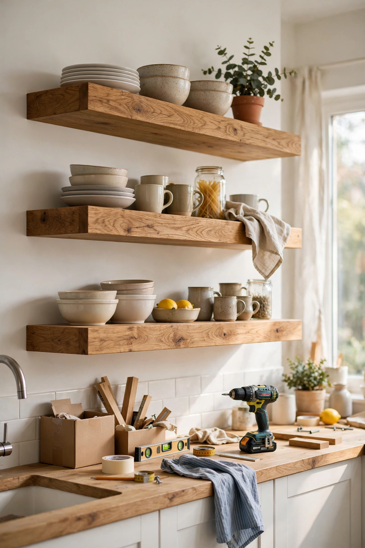 Oak floating shelves with hidden brackets holding crockery in a kitchen