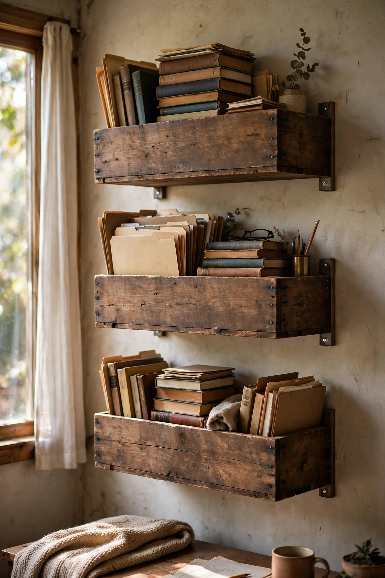Stained wooden crates mounted on a study wall as box shelves