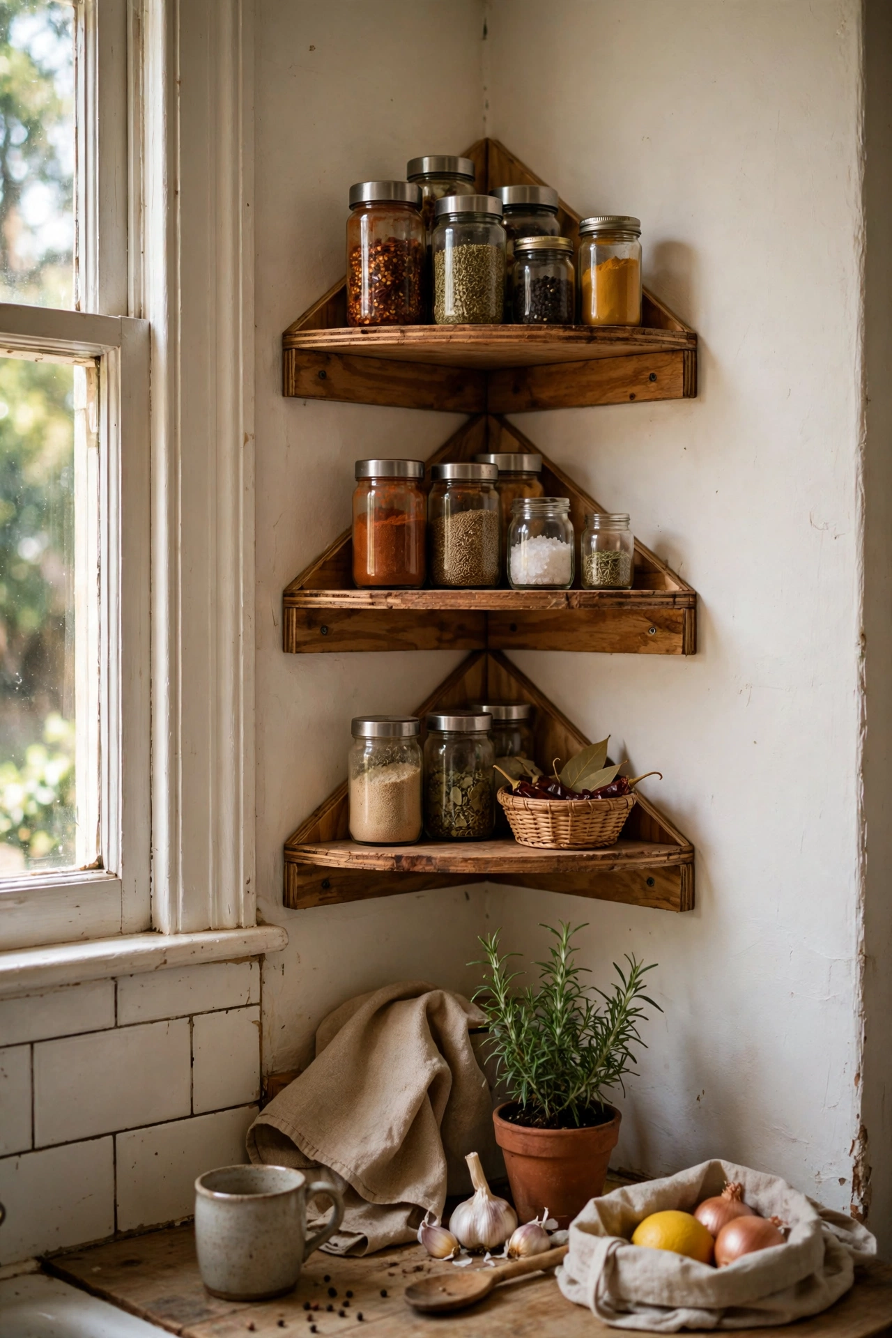 Triangular corner shelves holding spices in a kitchen corner