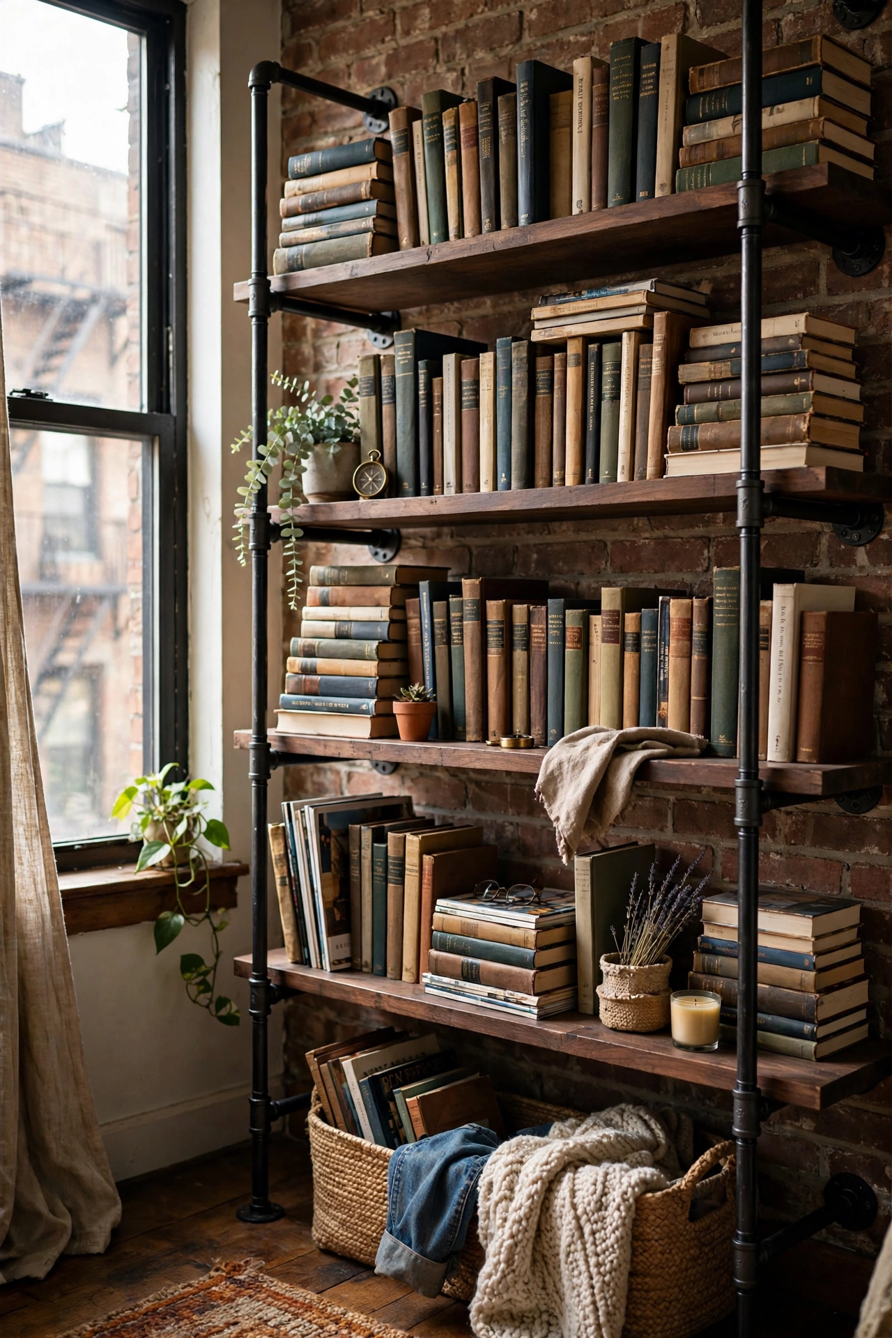 Black iron pipe and dark wood industrial shelves holding a book collection