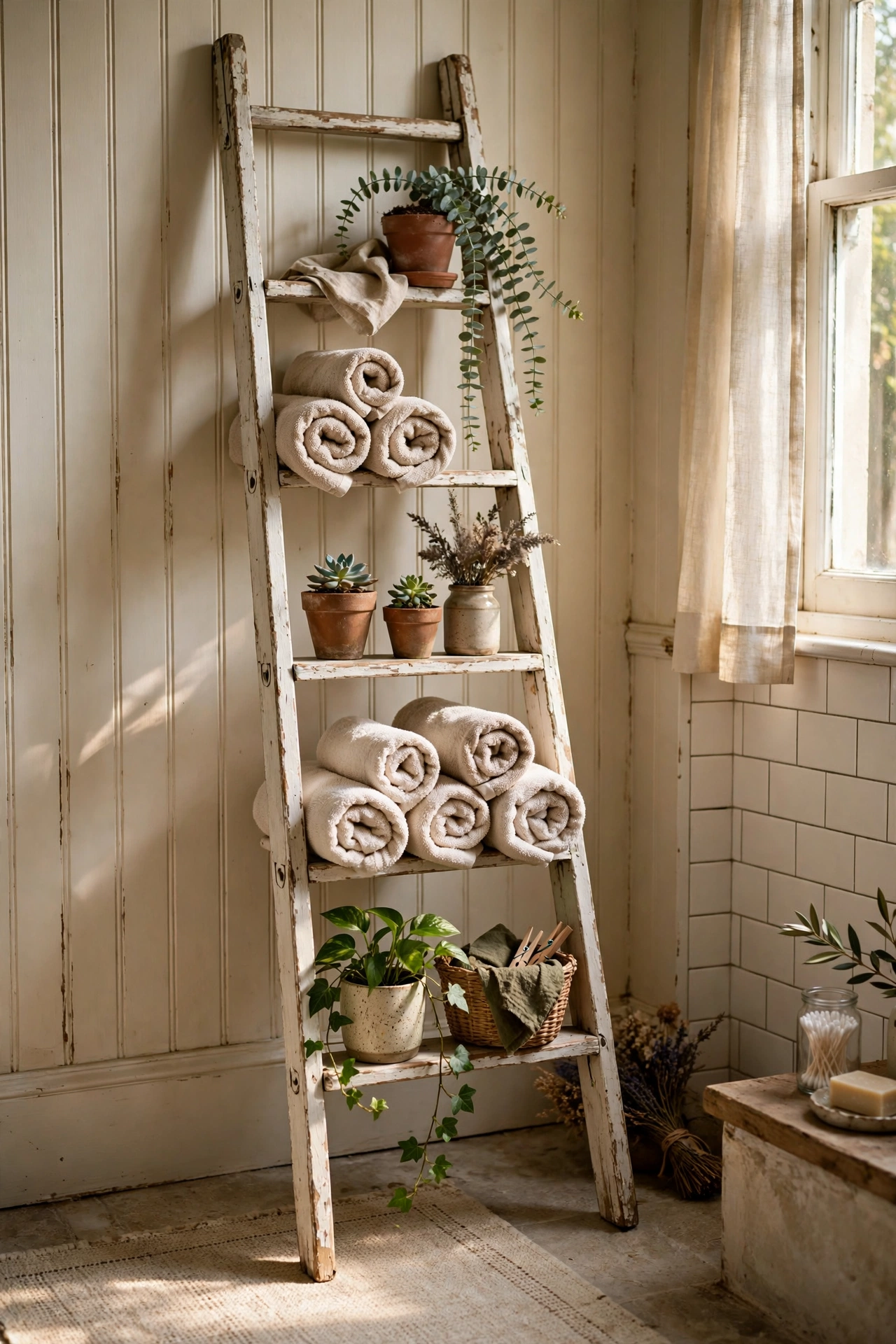 Old wooden ladder painted white leaning as a shelf for towels and plants