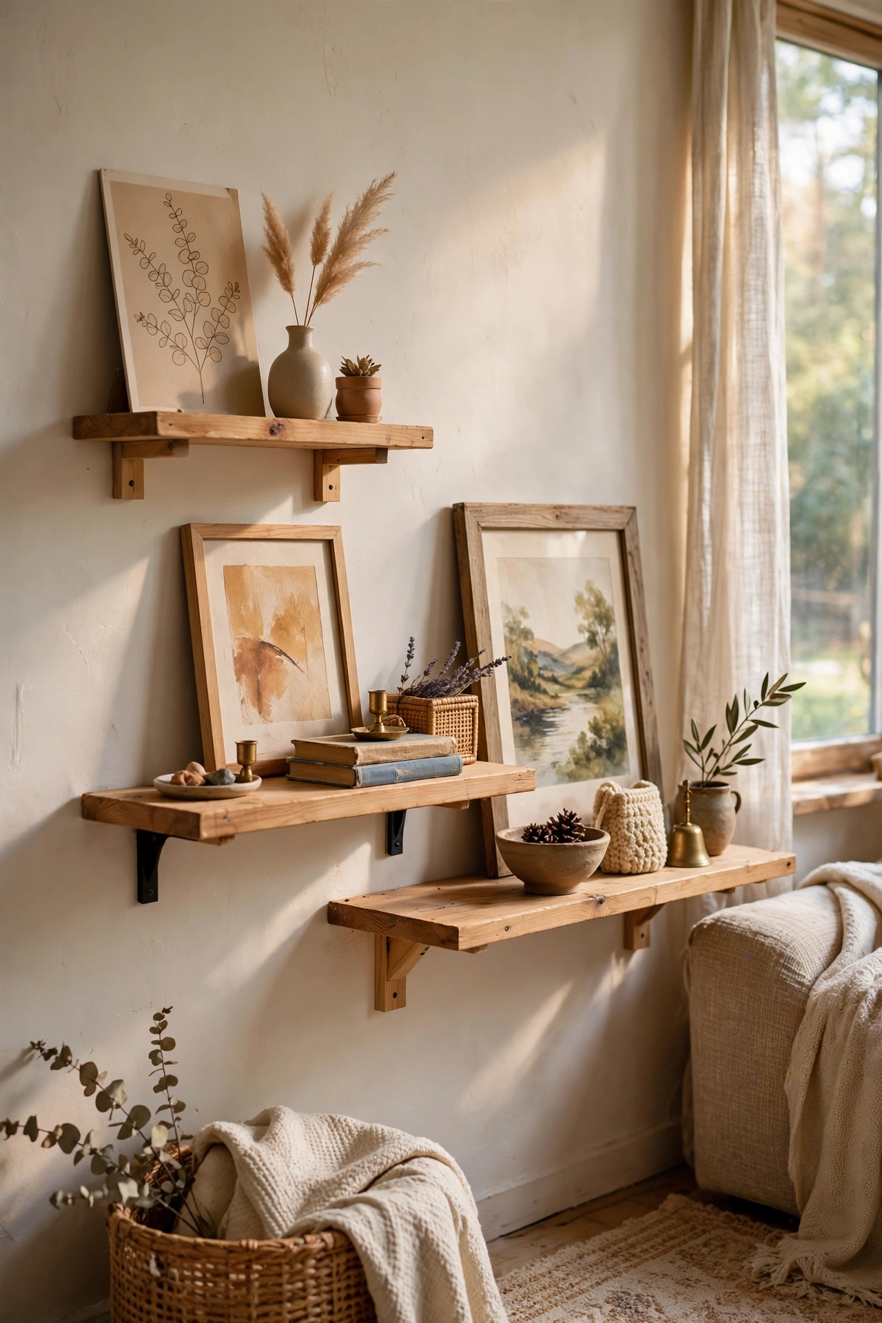 Staggered picture ledges with leaning frames restyled for the season