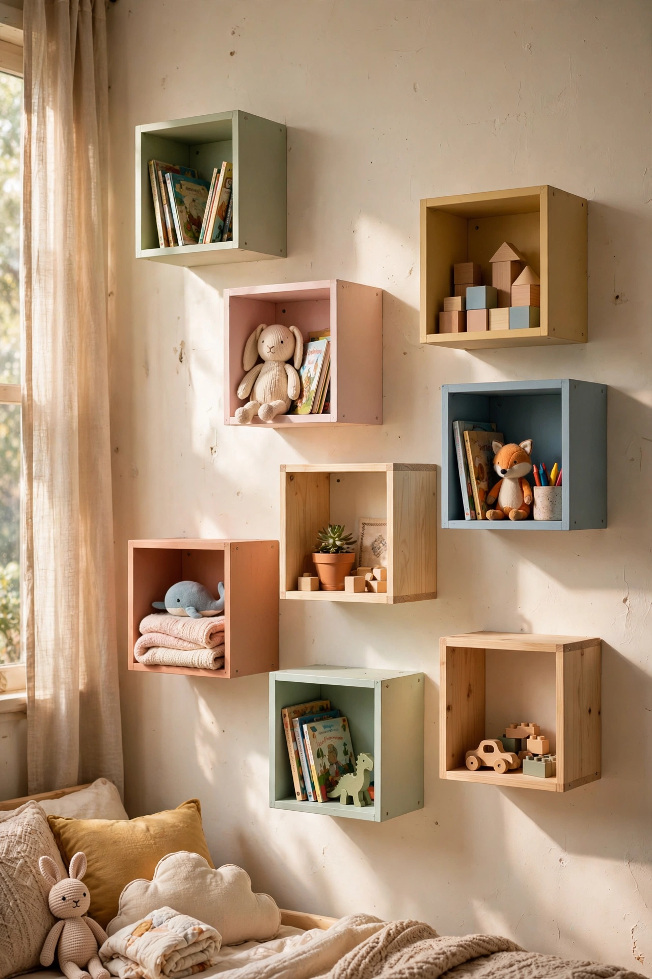 Painted wooden cube boxes mounted in a scattered pattern on a child's wall
