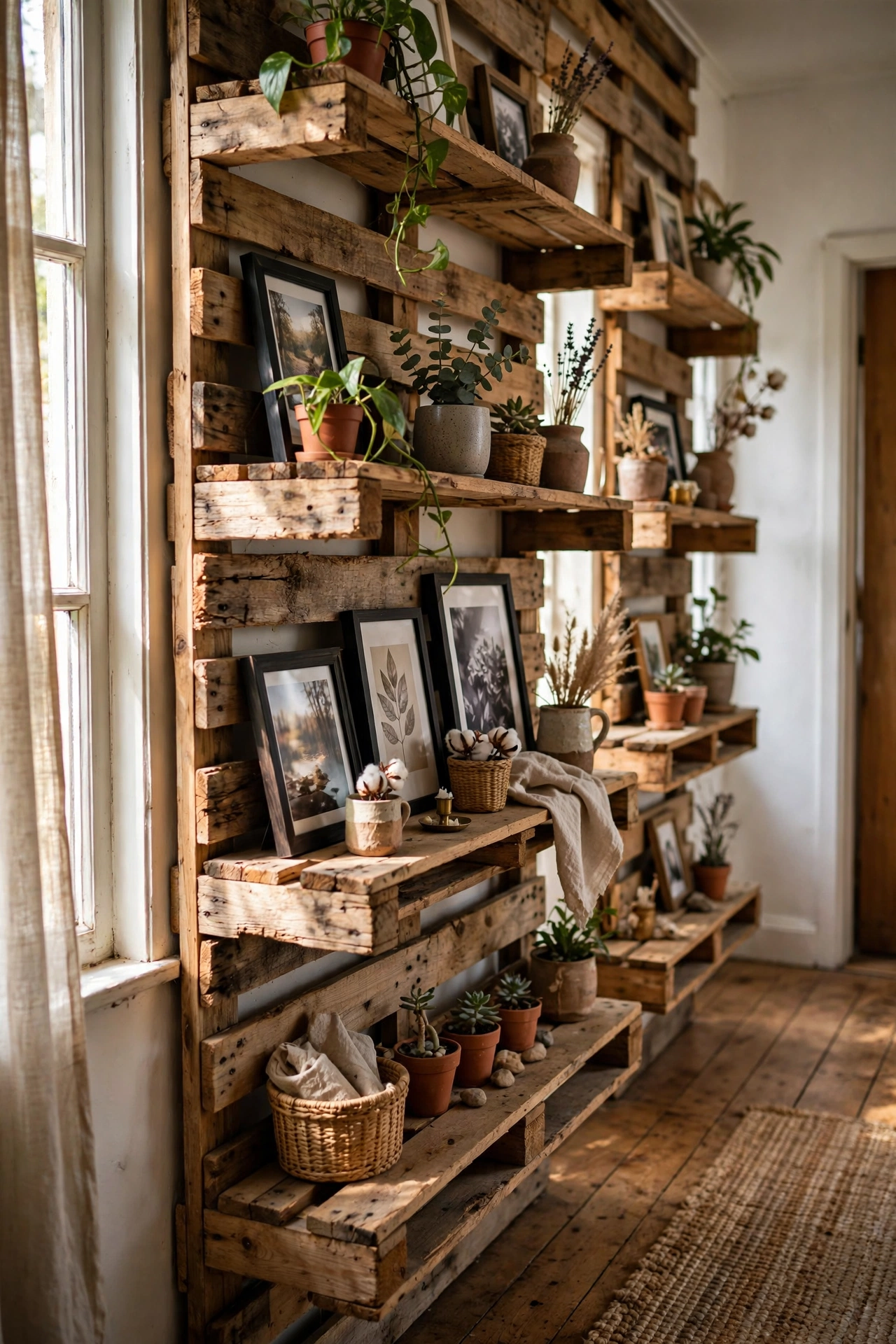 Rustic pallet wood shelves lining a hallway wall with decor