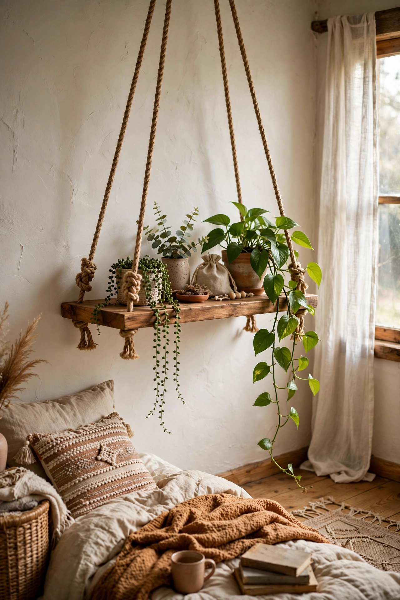 Wooden board shelf hung from thick natural rope holding plants
