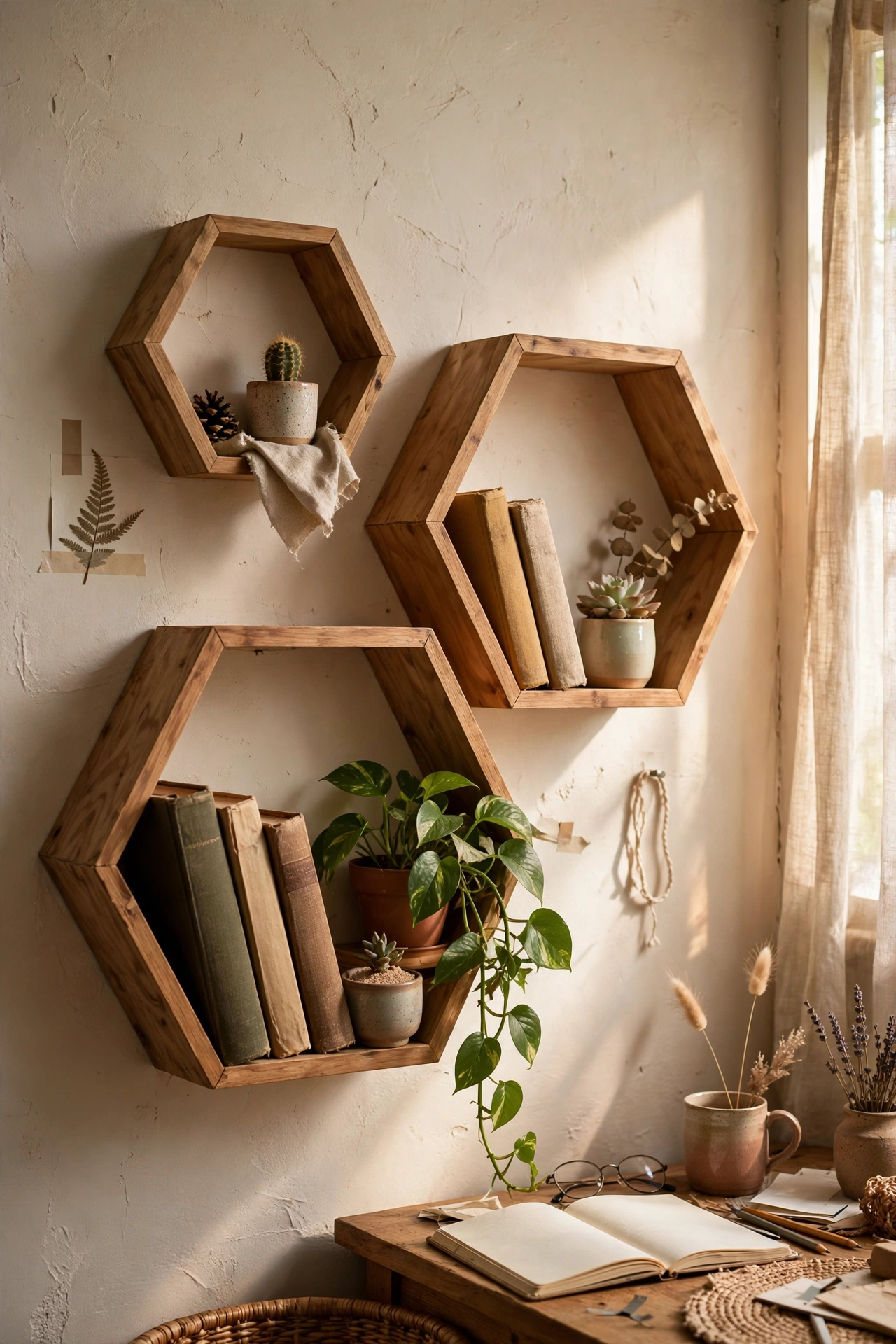 Three hexagon shelves in different sizes on a study wall