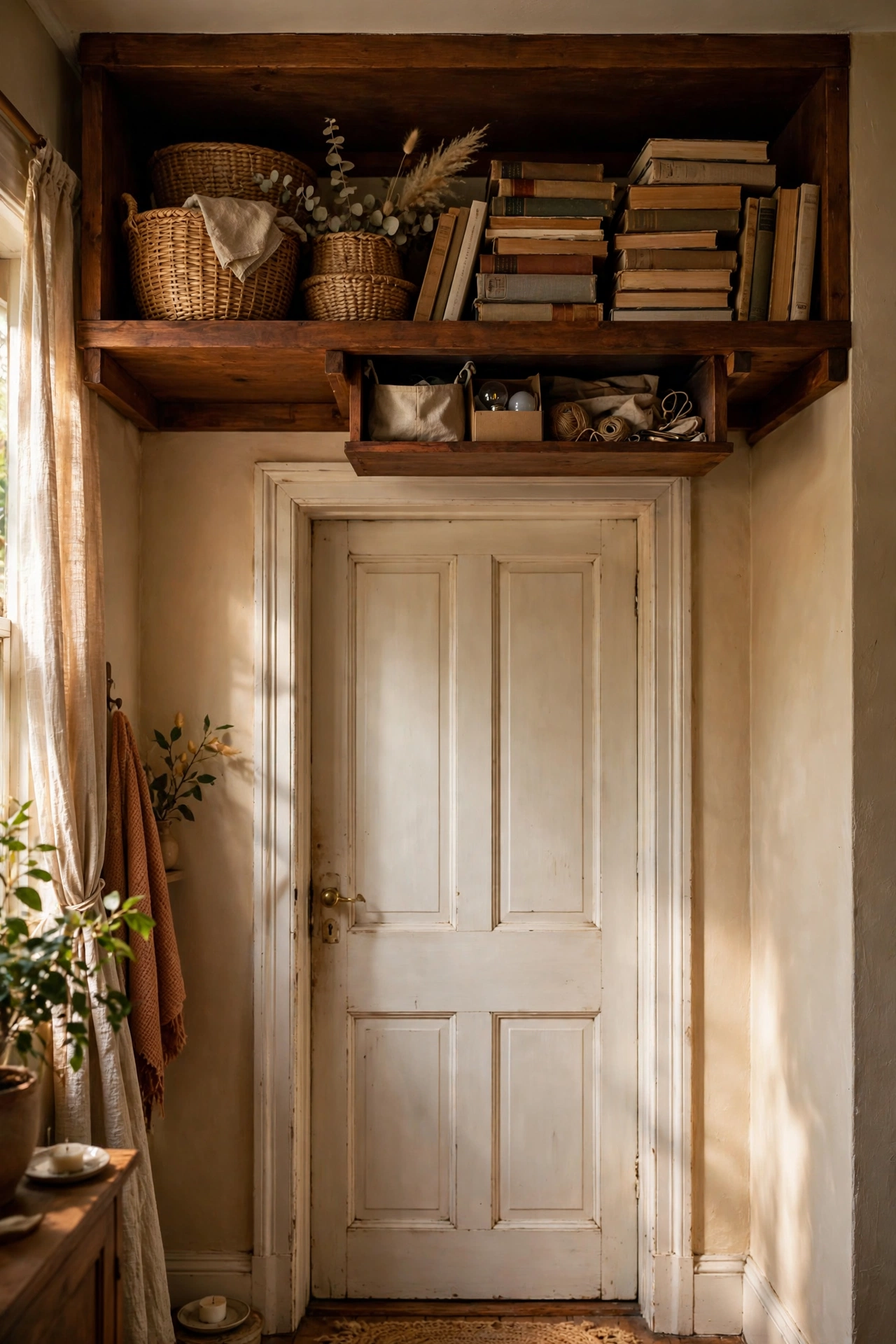 Deep shelf mounted above an interior door holding books and baskets