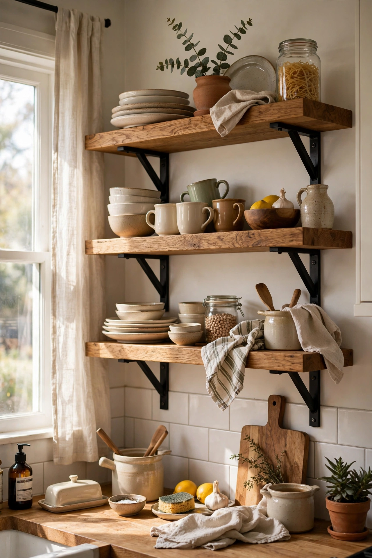 Thick oak open shelves holding everyday crockery in a kitchen