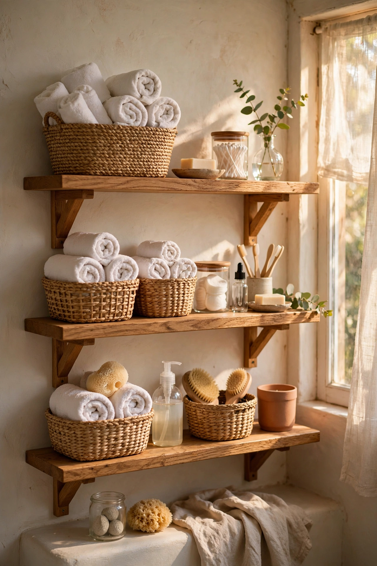 Sealed oak bathroom shelves with rolled towels and baskets