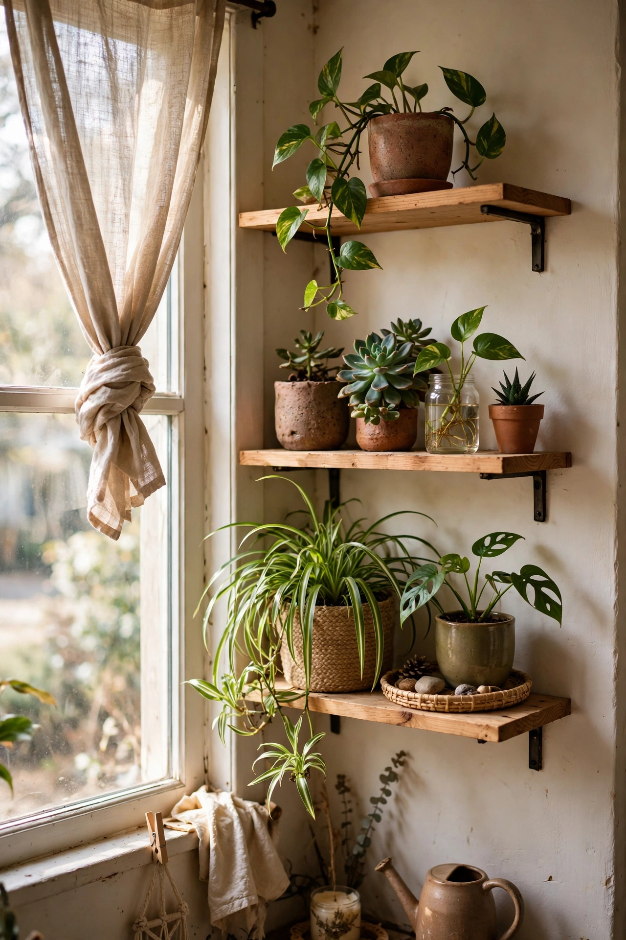 Narrow shelves beside a bright window holding fourteen houseplants