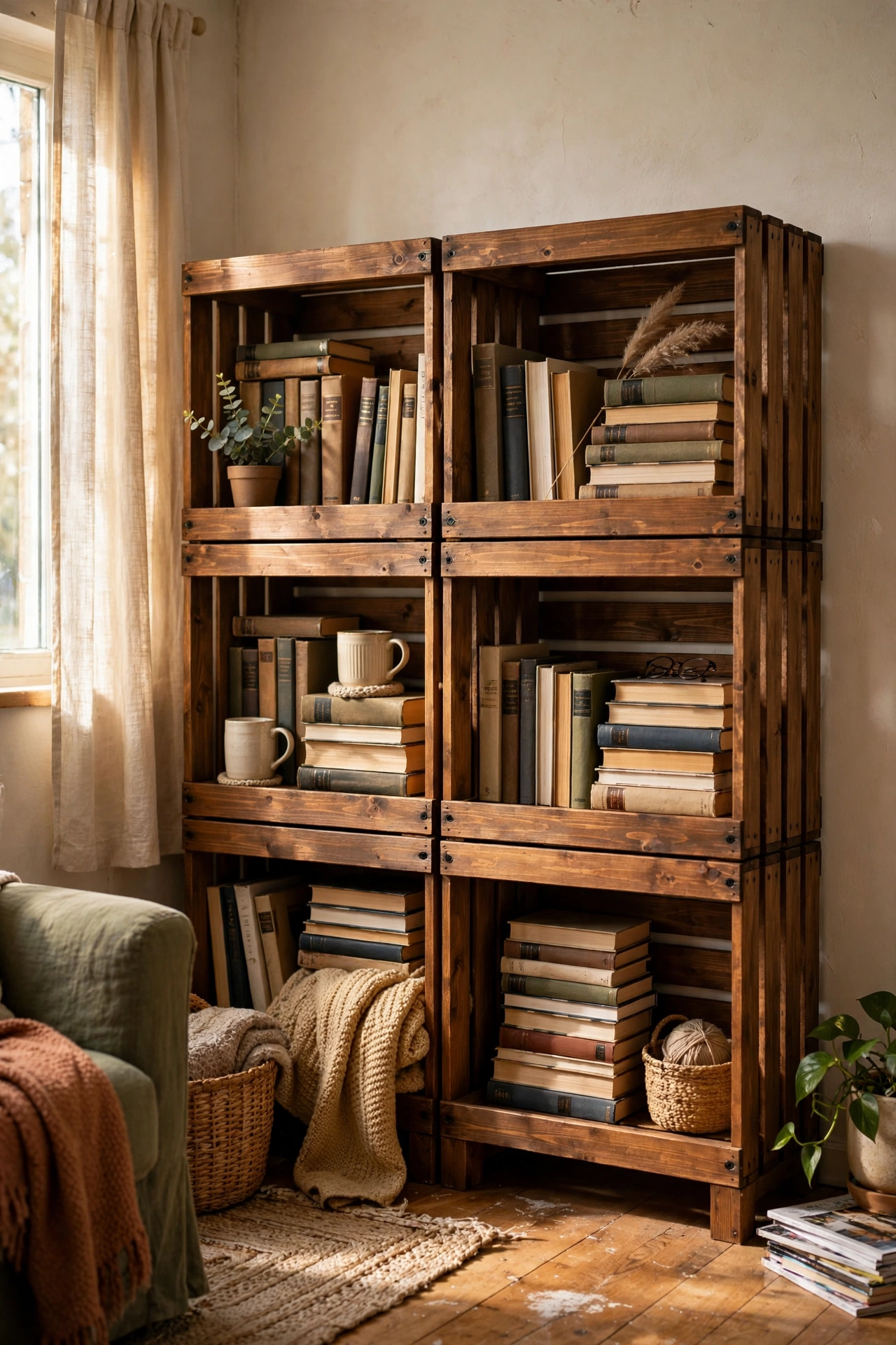 Six stained crates stacked as a bookshelf in a rental living room