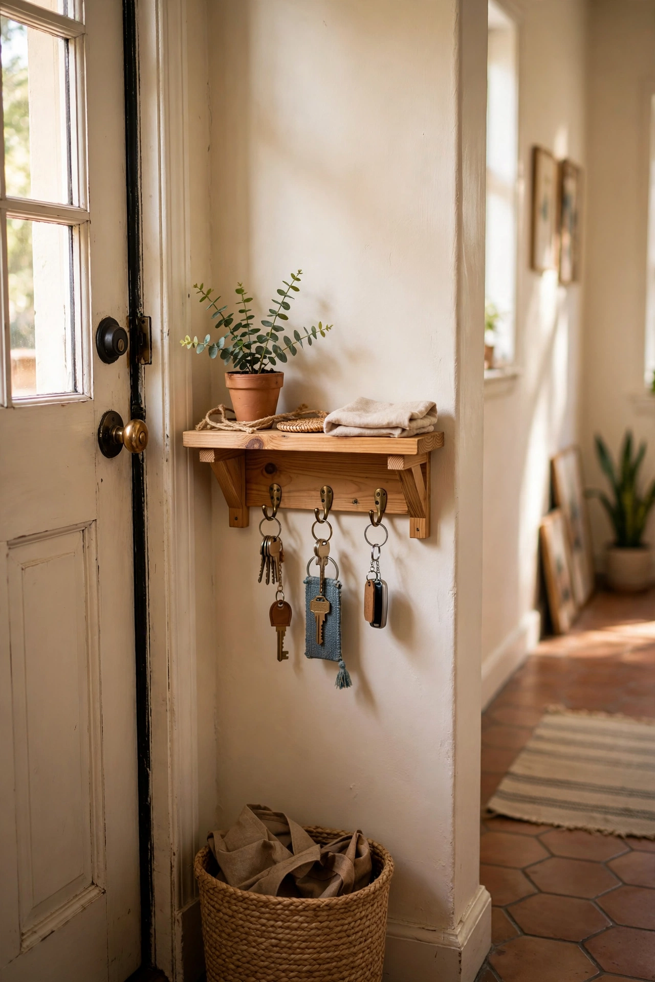 Small wooden entryway shelf with hooks holding keys below