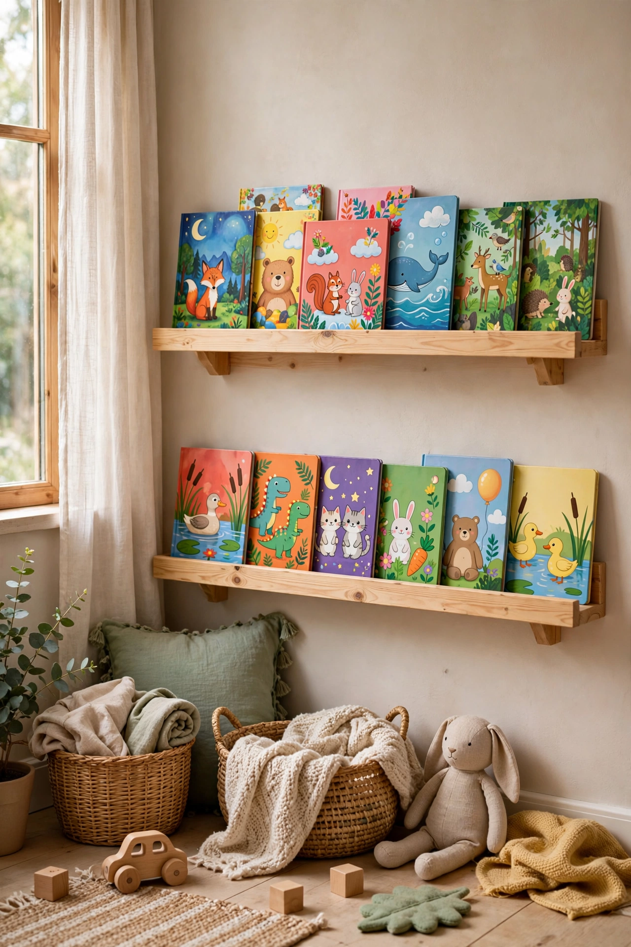 Low nursery book ledges displaying colourful picture books cover-out