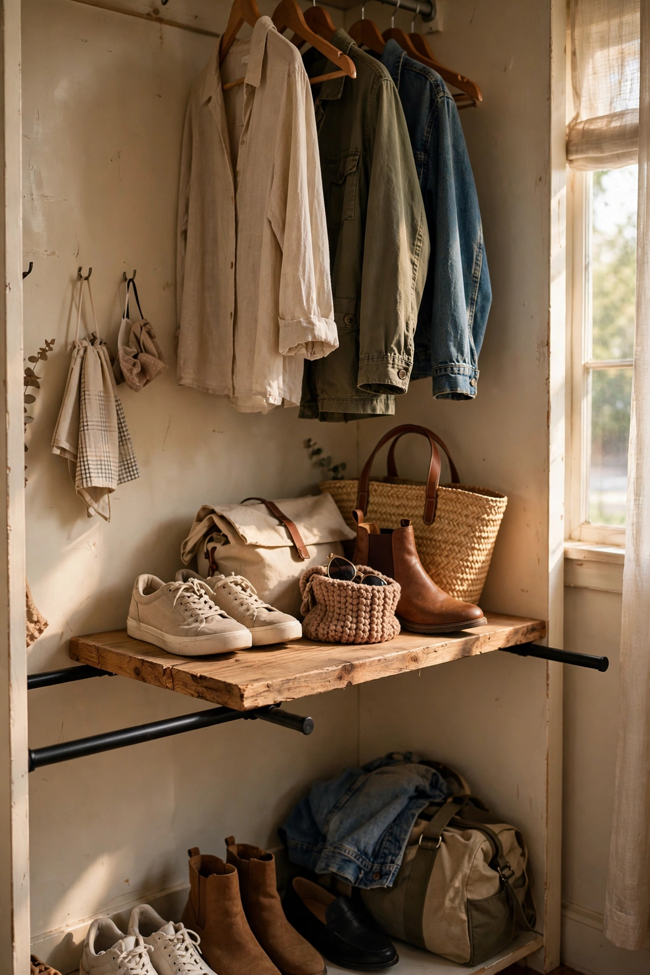 Tension rod shelf in a closet holding shoes and bags