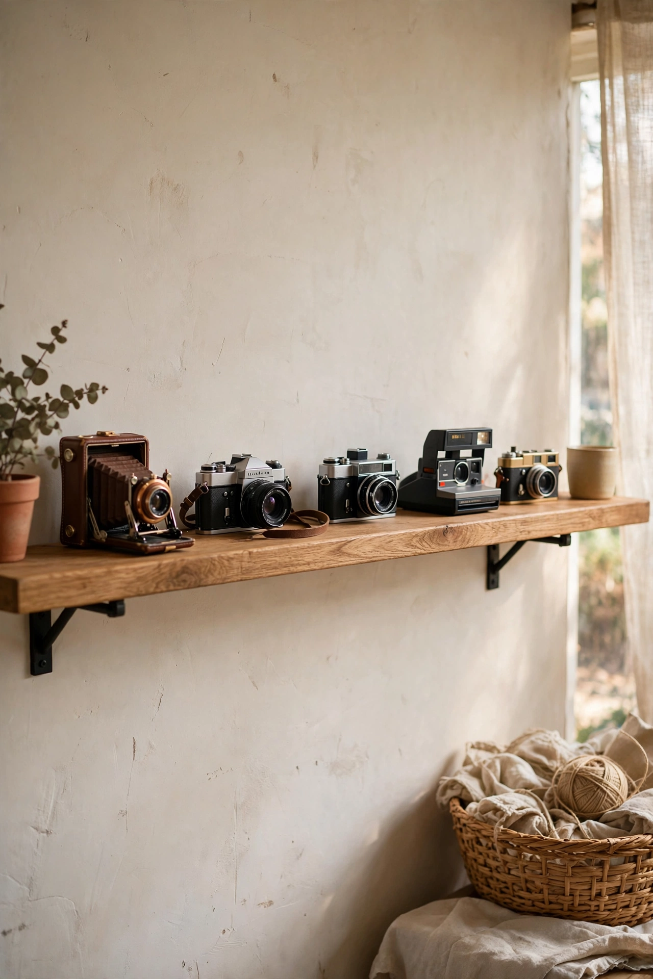 Single long shelf displaying a vintage camera collection with breathing room