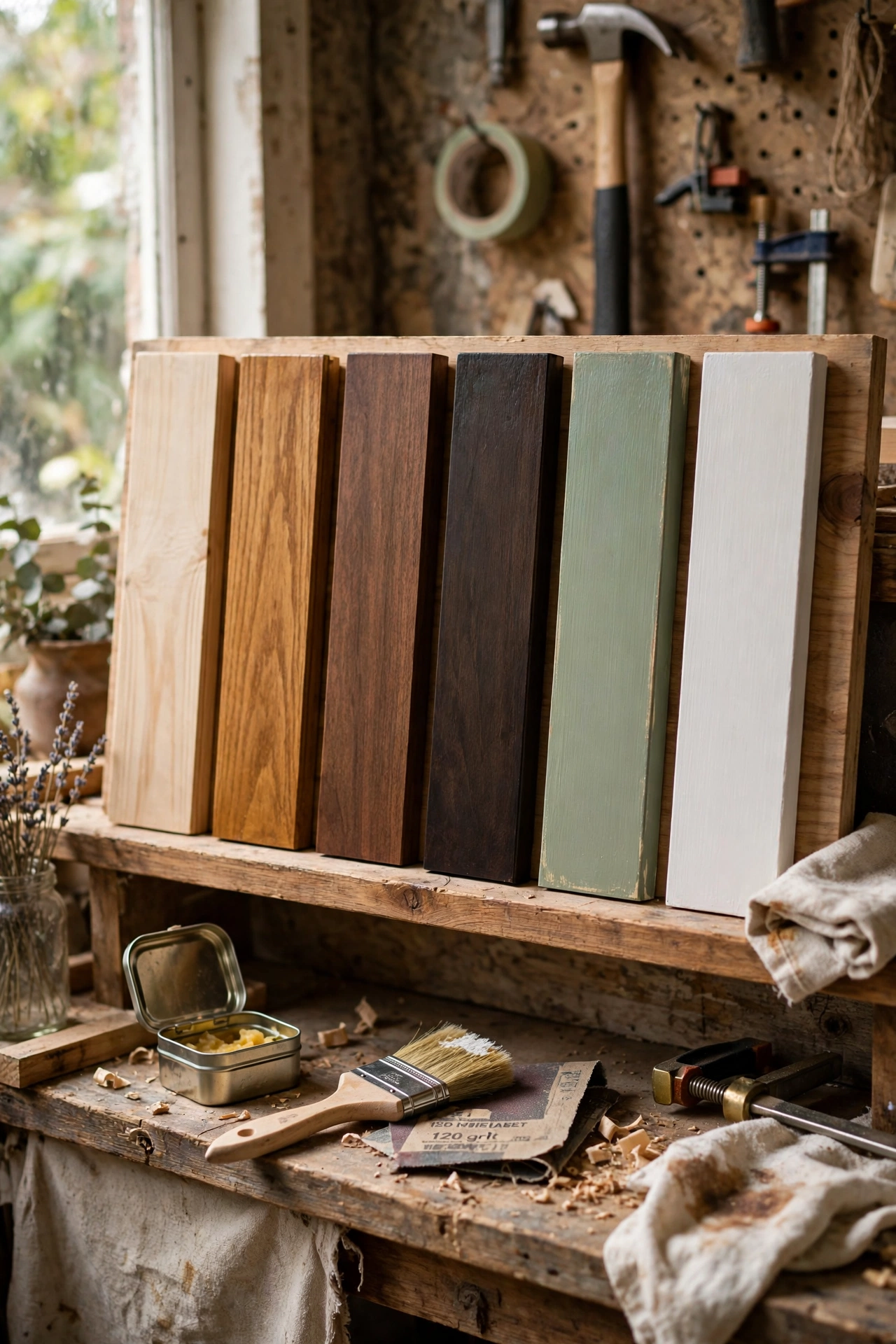 Wood offcuts showing stain versus paint finish options for shelves