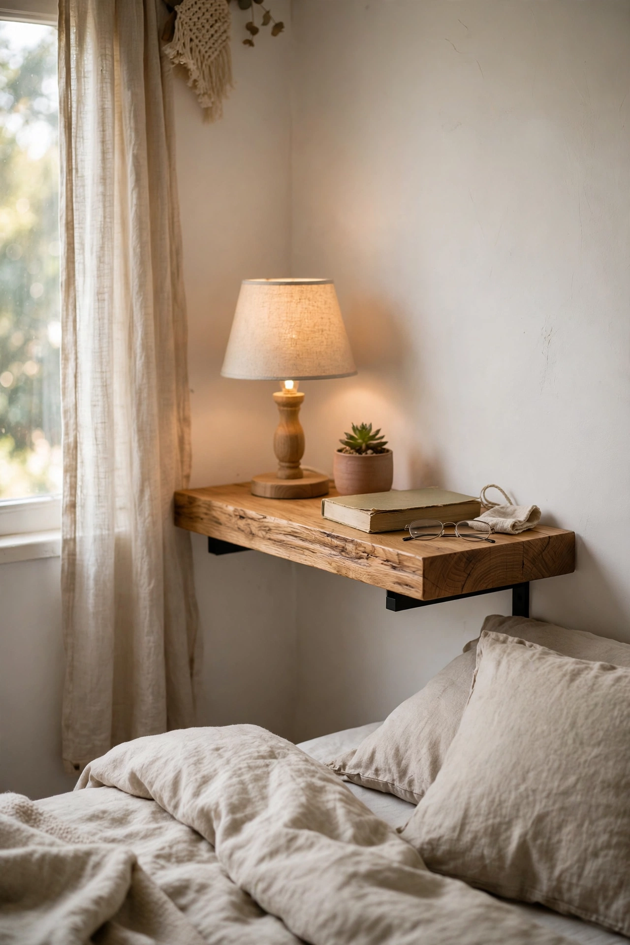 Chunky floating shelf as a minimalist nightstand in a small bedroom