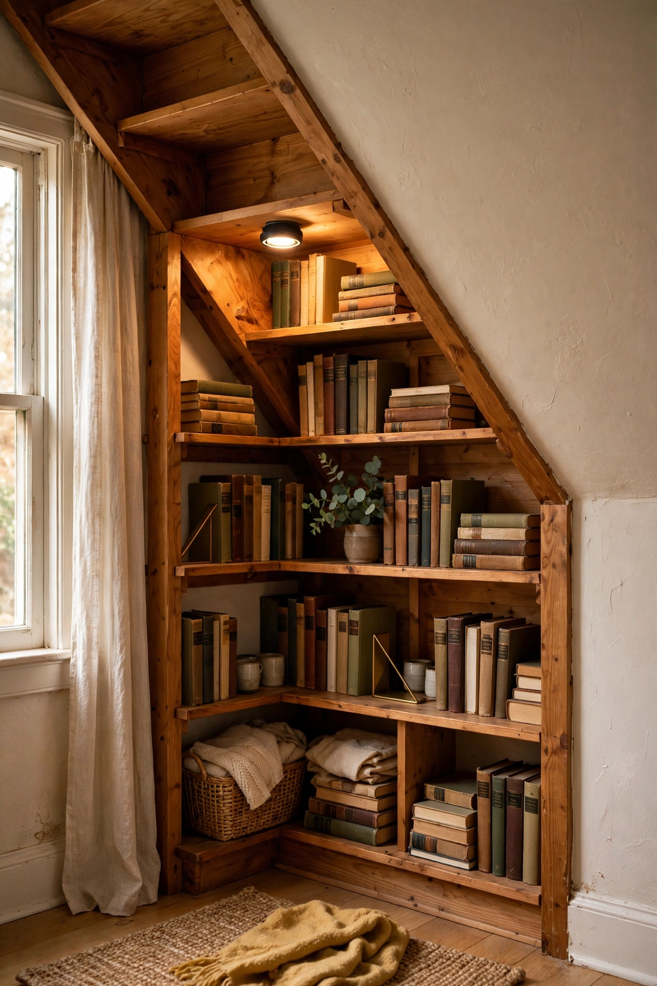 Under-stair triangular shelves filled with books and a puck light