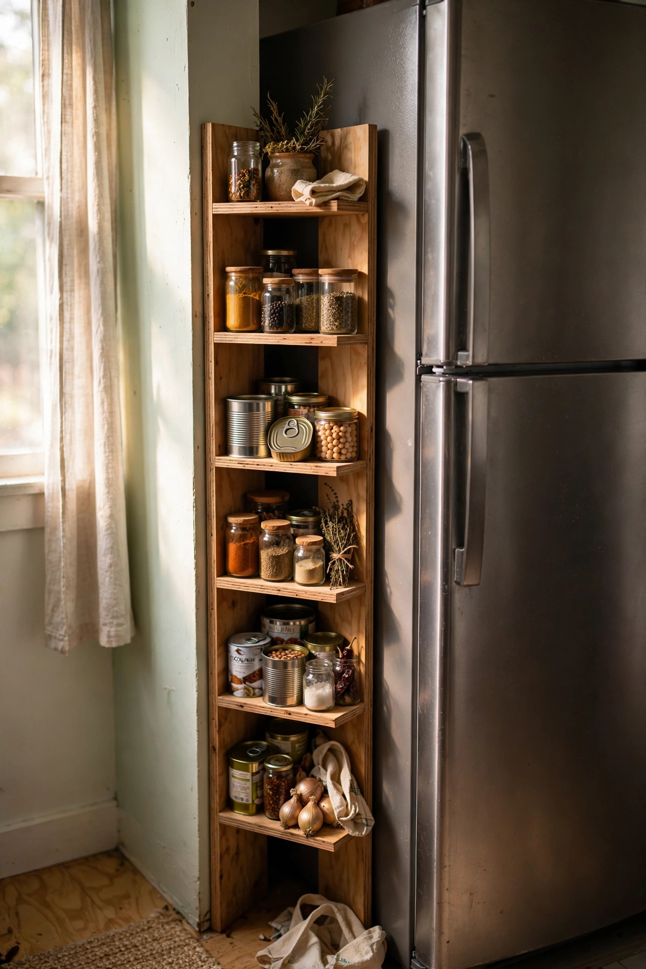 Narrow vertical tower of small shelves in the gap beside a fridge