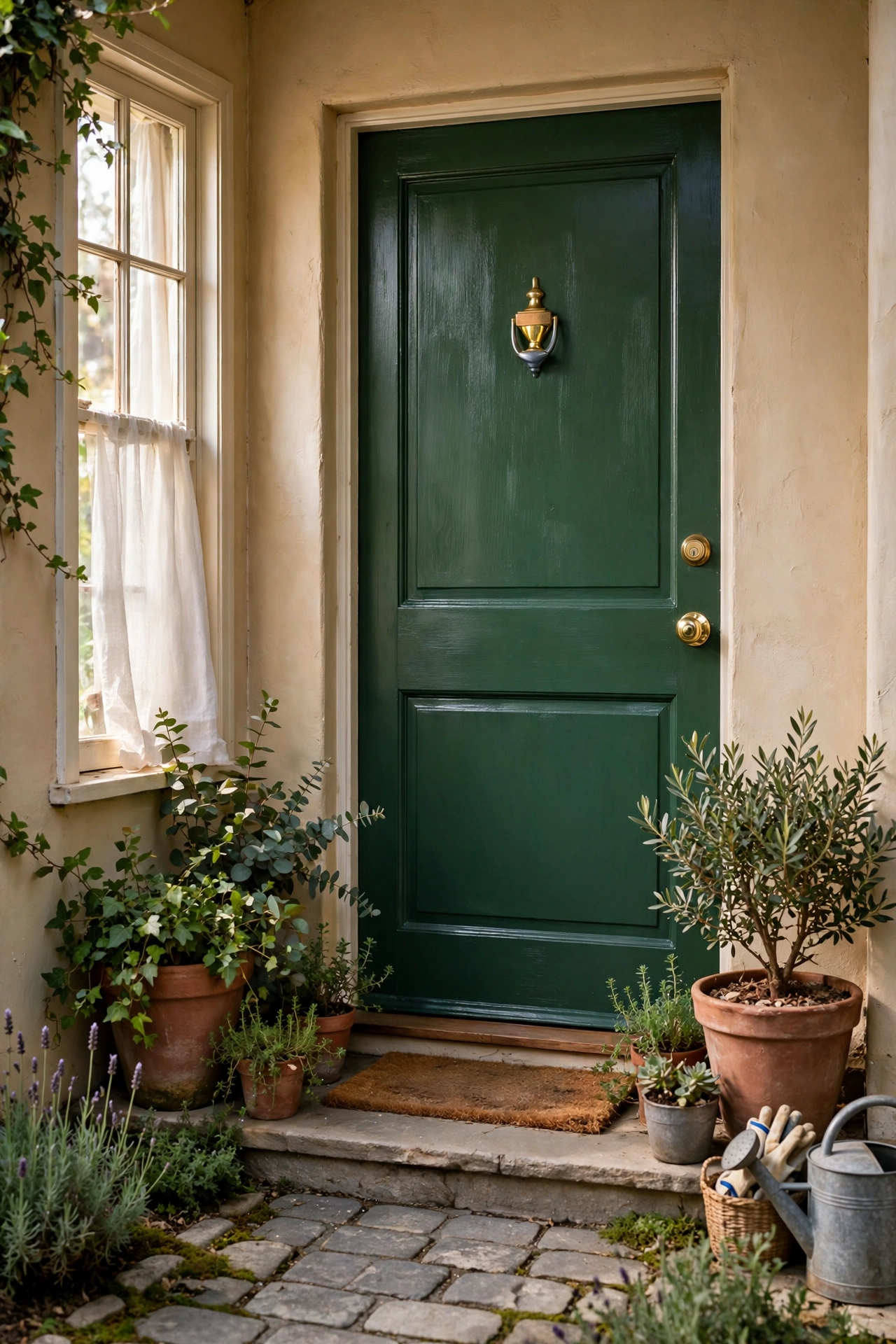 Freshly painted deep green front door on a budget home exterior