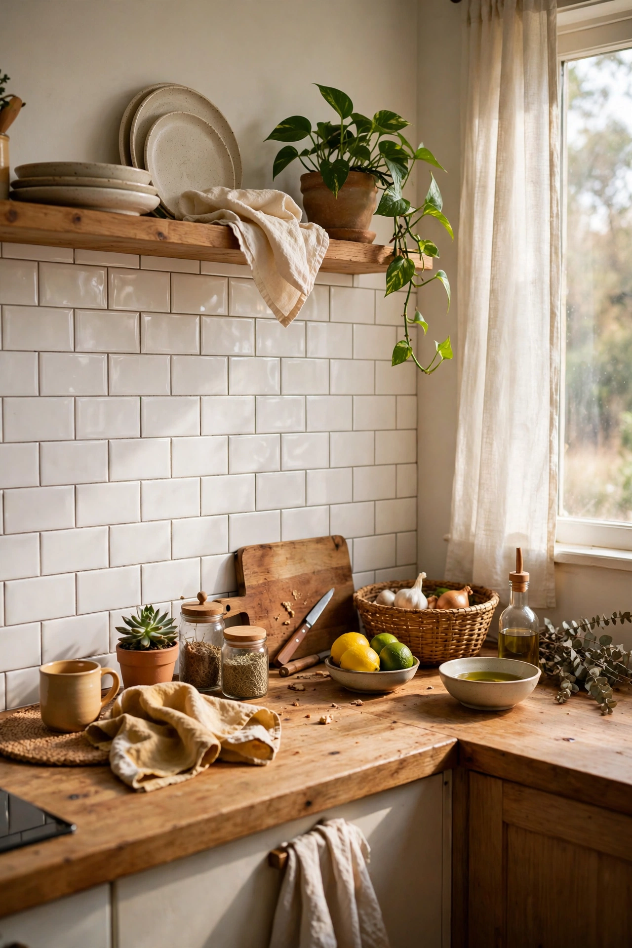 White peel-and-stick subway tile backsplash in a weekend diy kitchen makeover