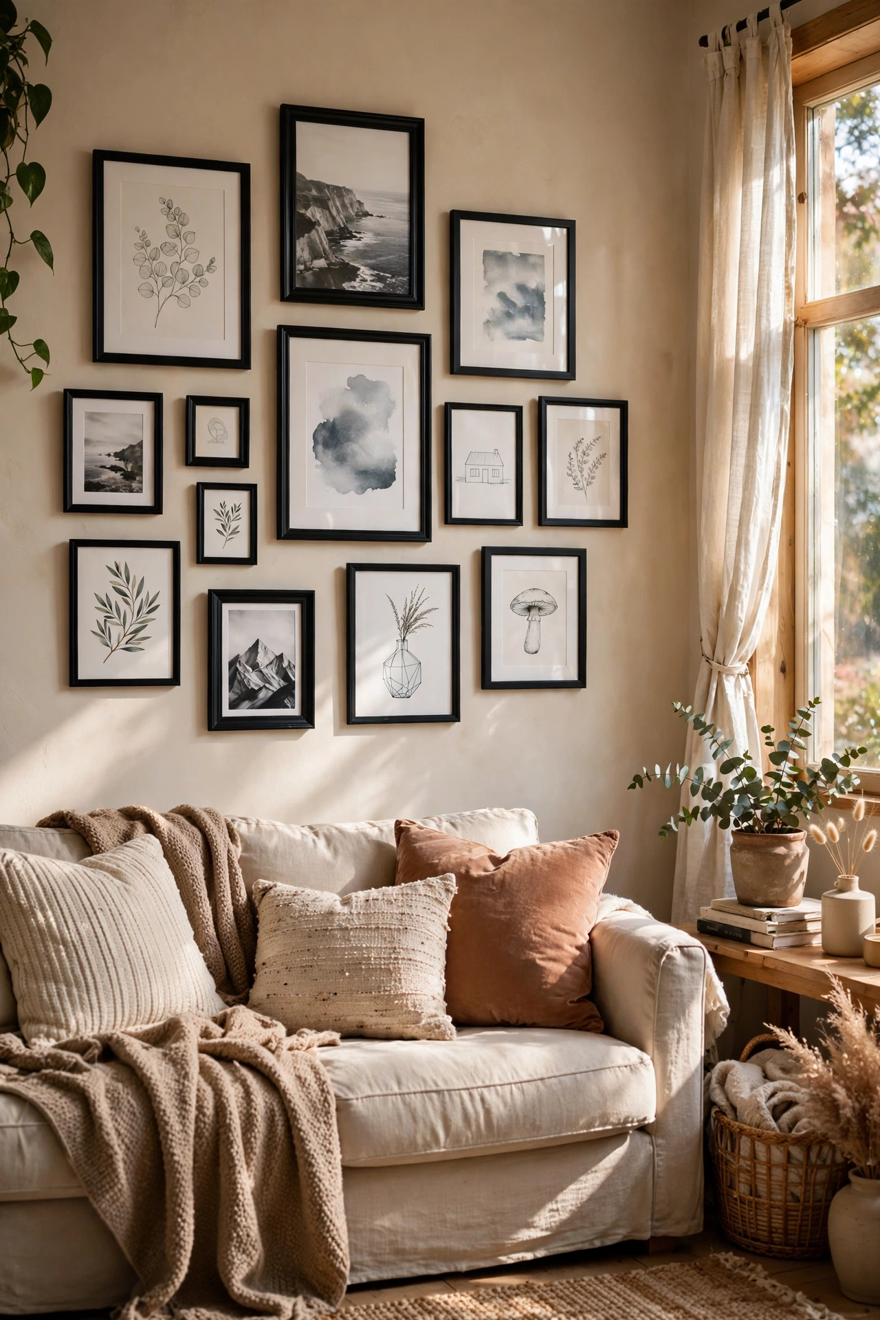 Gallery wall of black thrifted frames arranged above a sofa