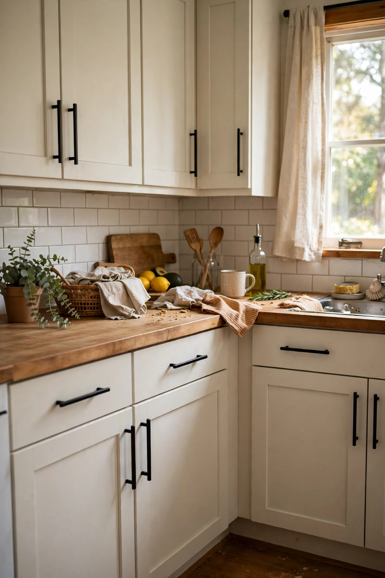 Kitchen cabinets with new matte black pulls after a hardware swap
