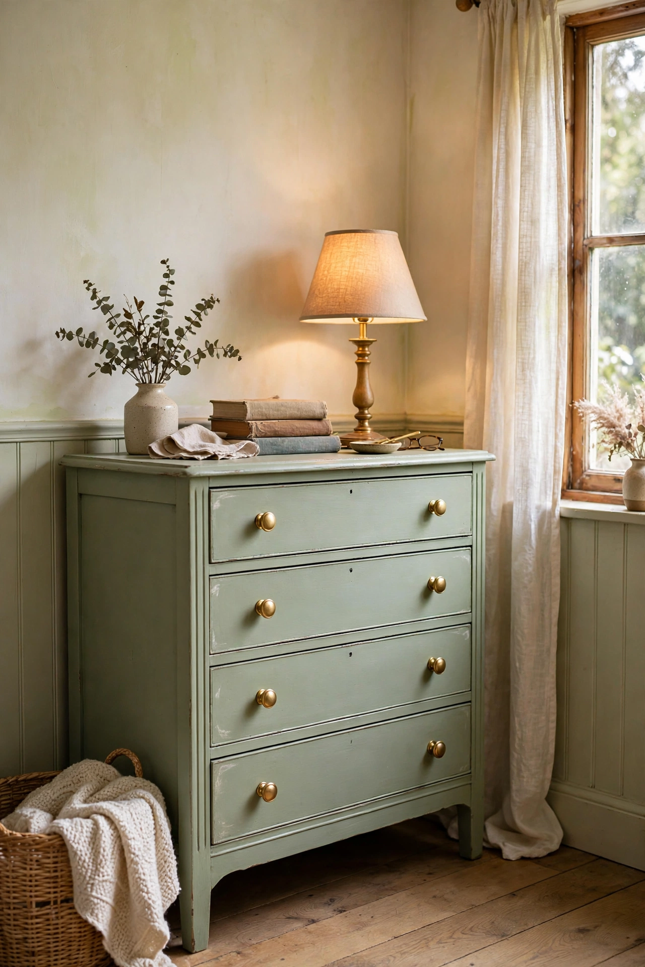 Thrifted dresser flipped with sage green chalk paint and new knobs
