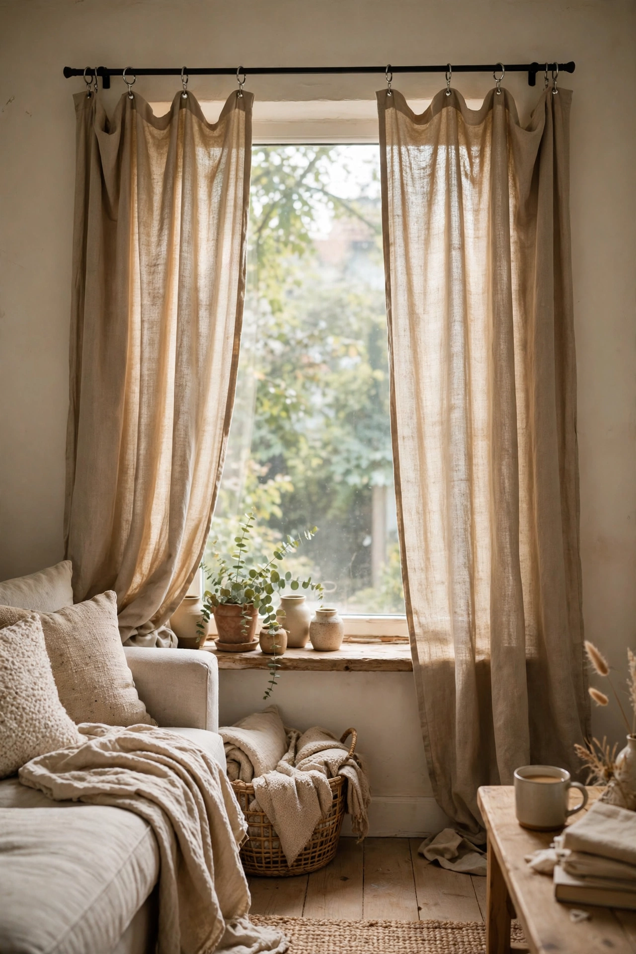 No-sew canvas drop cloth curtains hung with clip rings on a window