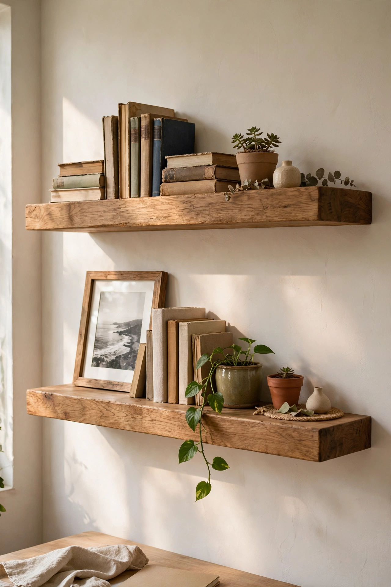 Two chunky wooden floating shelves styled with books and plants