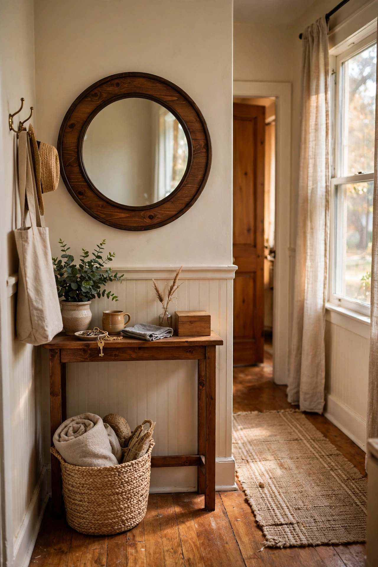 Round mirror framed with stained pine trim hanging in a hallway