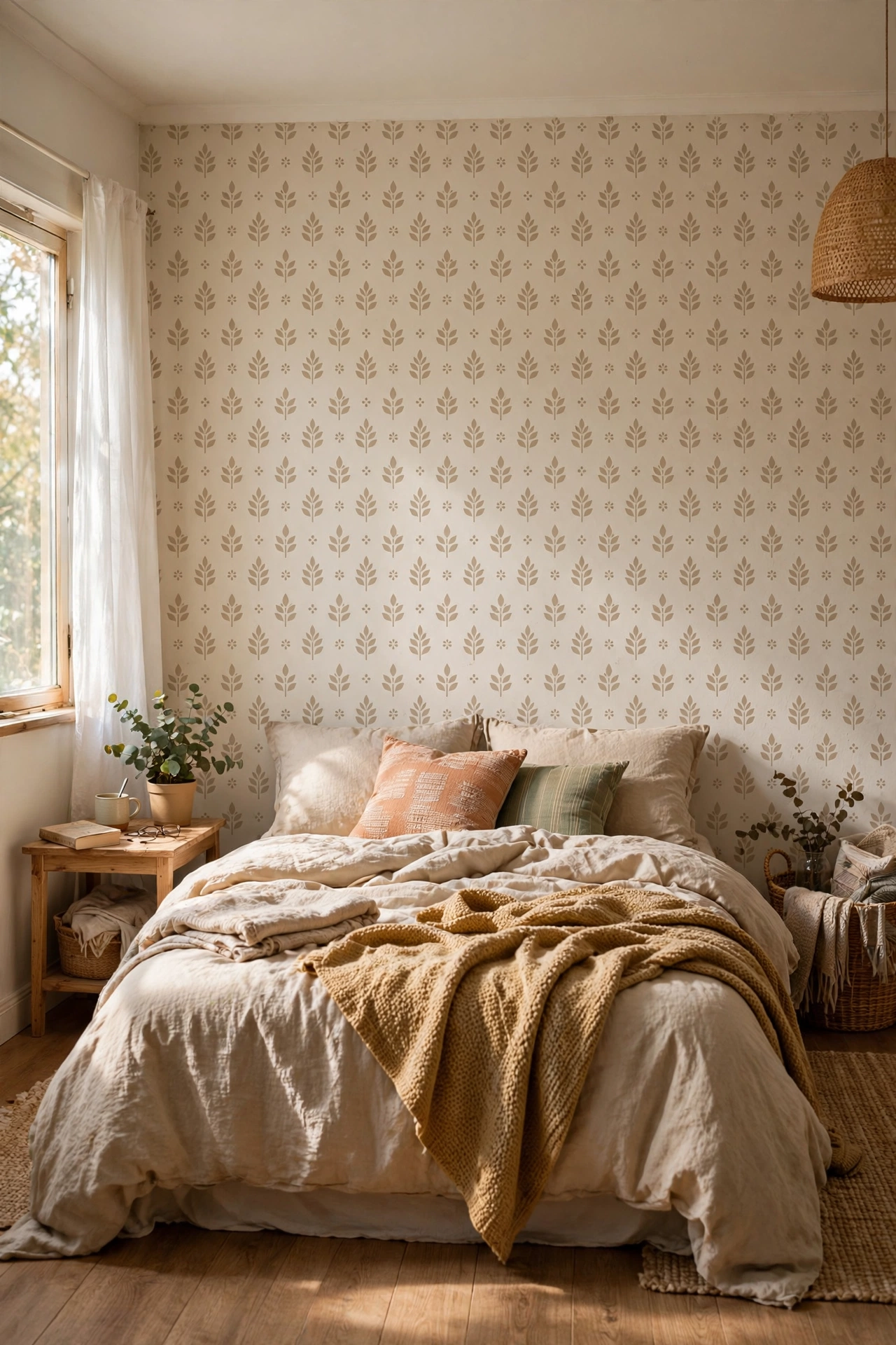 Bedroom accent wall with a hand-stencilled repeating pattern