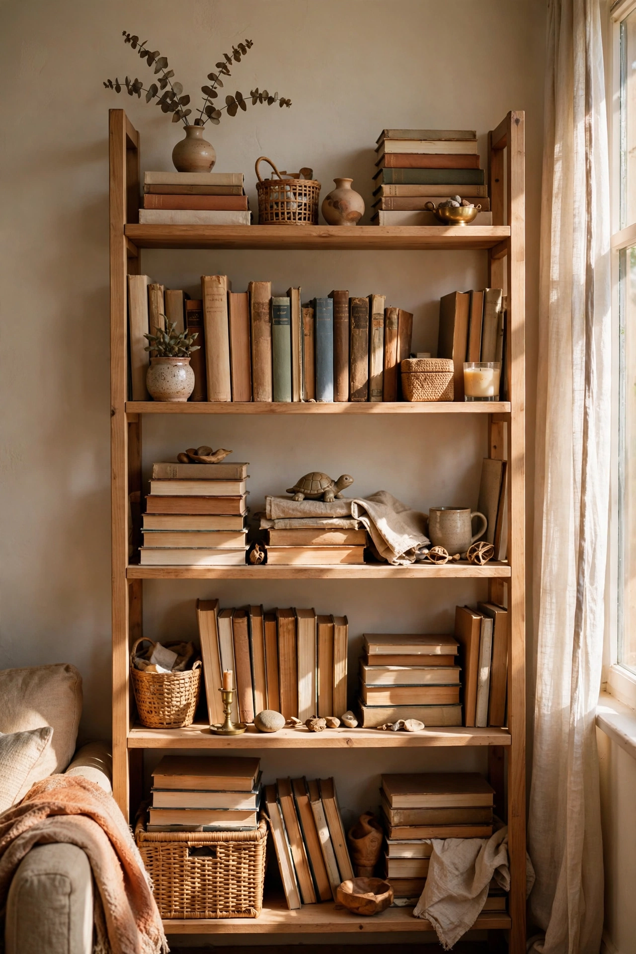Beautifully restyled bookshelves with books and breathing room