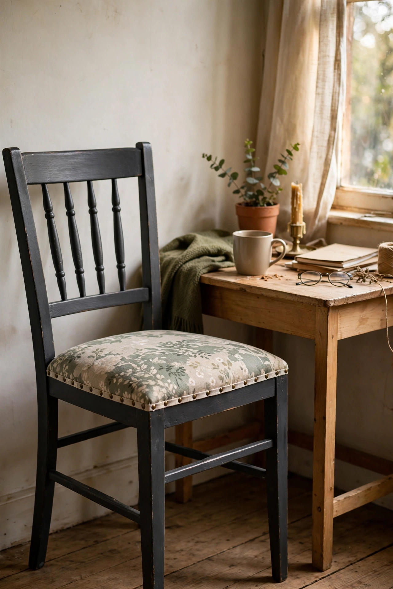 Old wooden chair refreshed with charcoal chalk paint and new fabric seat