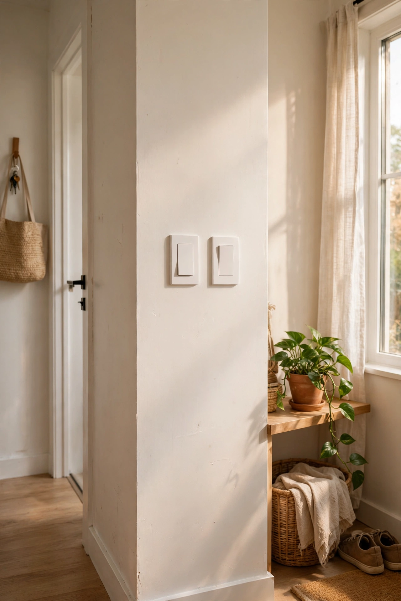 Hallway with new white screwless light switch plates