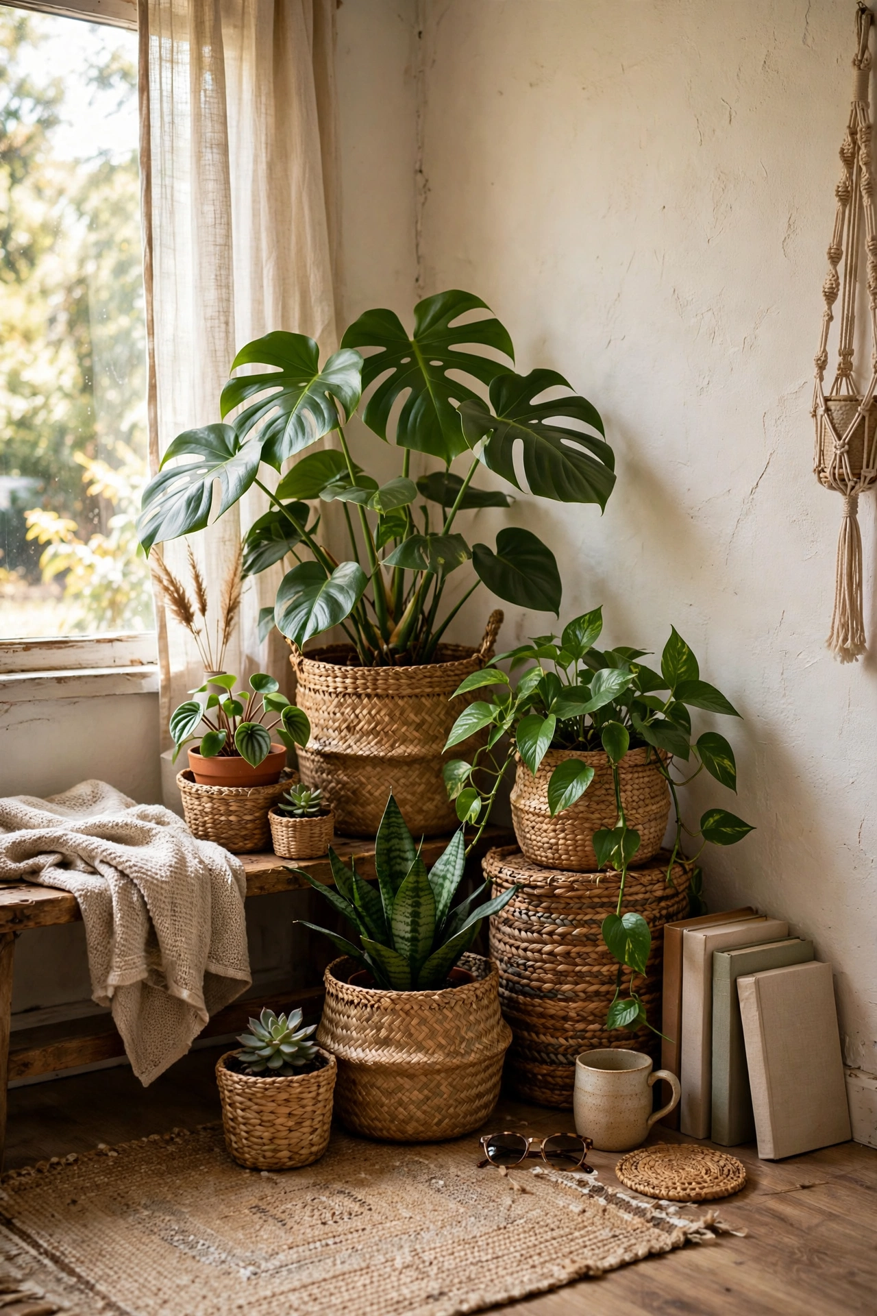 Houseplants in woven thrifted basket planter covers in a living room